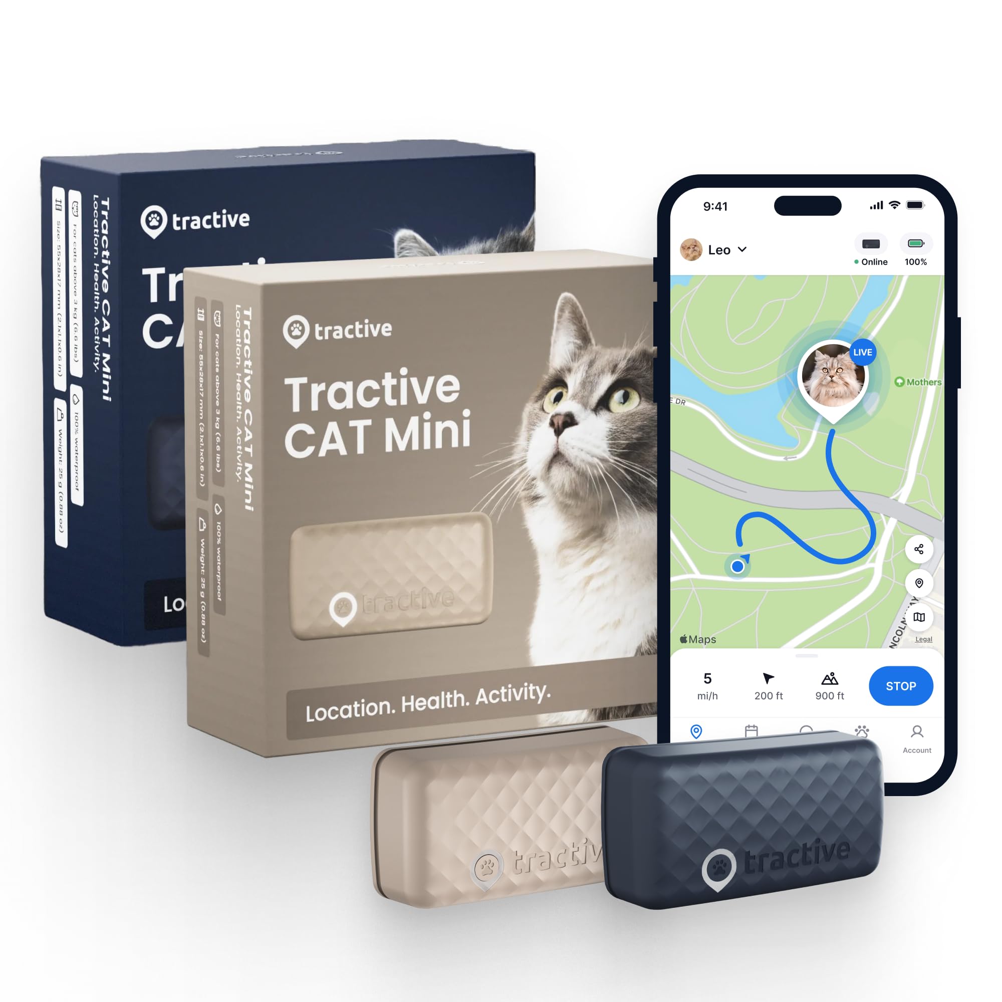 Tractive Smart Cat GPS Tracker | Real-Time Location &amp; Wellness Monitoring for Cats 6.5 lbs+ | Territory &amp; Location History | Up to 5-Day Battery | Breakaway Collar (Bundle of 2, Dark Blue &amp; Brown)
