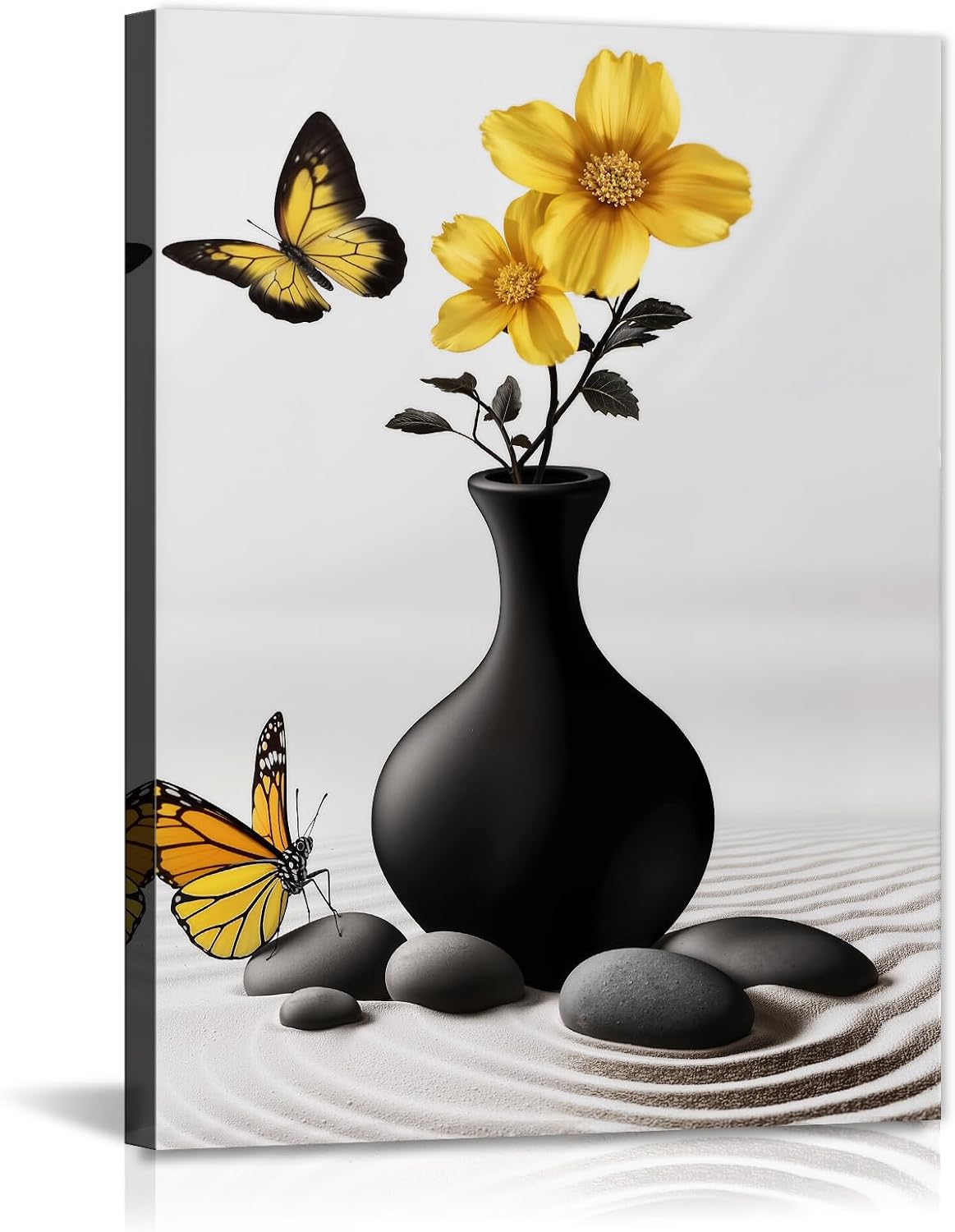 GLOKAKA Zen Wall Art Yellow Flower Butterfly Black Vase Pictures Print Meditation Artwork for Spa Yoga Room Bathroom Wall Decor(Artwork-2,16"x24")