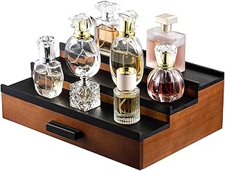 منظم كولونيا خشبي للرجال، حامل عرض كولونيا من 3 طبقات مع درج منظم تخزين، رف عرض العطور، اسود وجوز