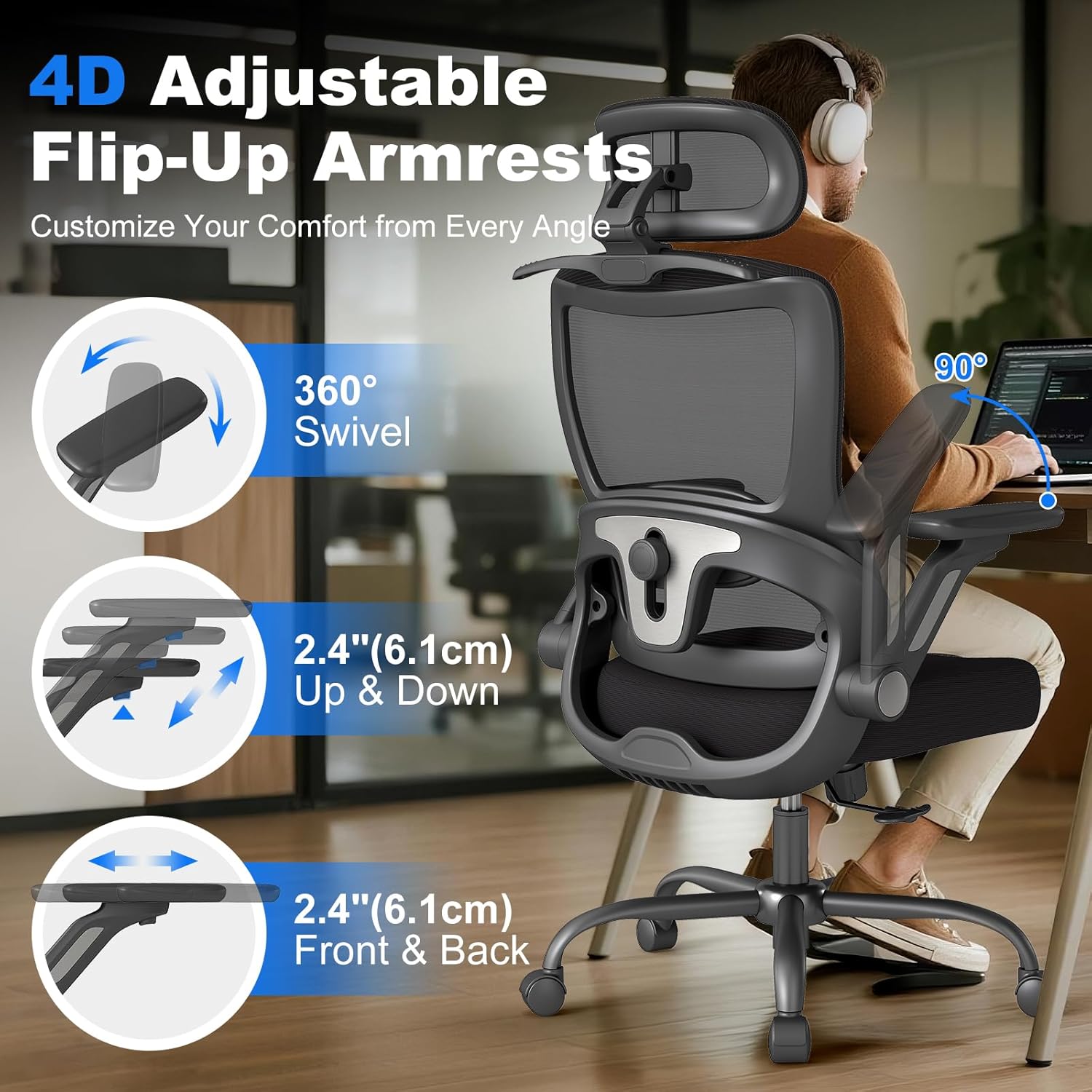 4D adjustable flip-up armrests of the ZZH Ergonomic Office Chair