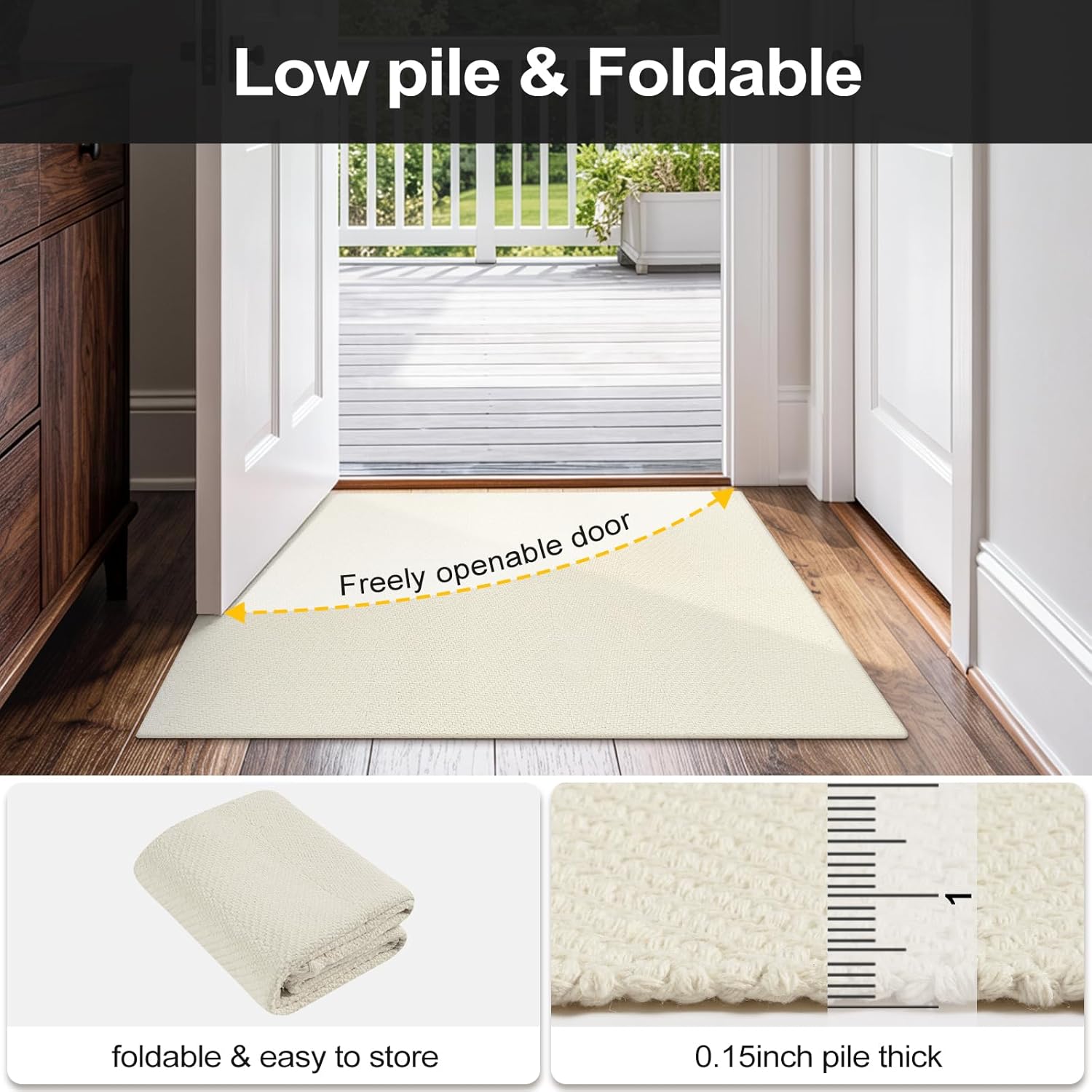 LEEVAN Small Bathroom Rug, 2' x 3' Washable Woven Entryway Rug Low Profile, White/Beige Reversible Front Door Mat, Farmhouse Kitchen Mat Modern Carpet for Bedroom/Porch/Back Door Decor