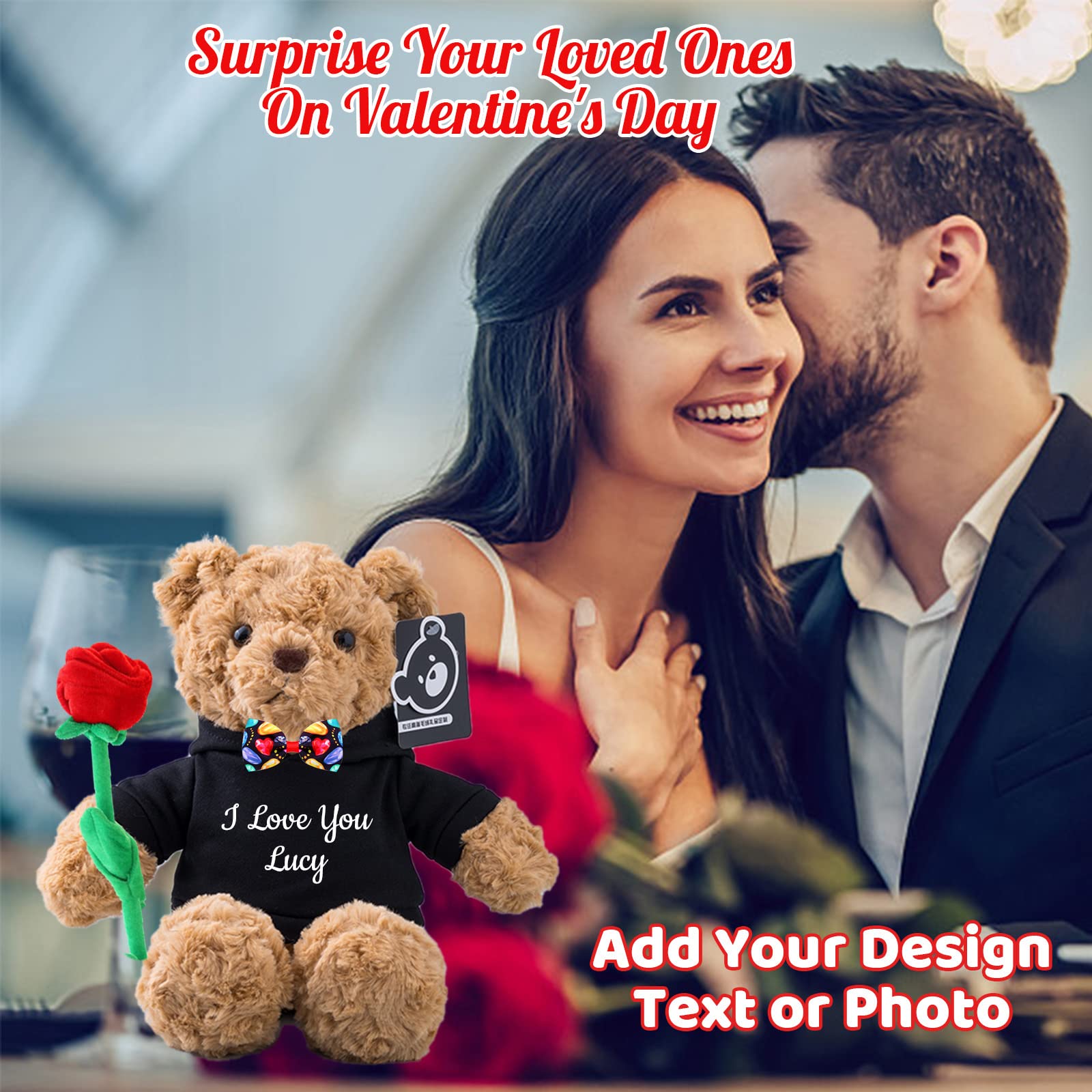 Personalized Teddy Bear With Photo & Custom Text - 13" Plush Bear With Rose & Bow, Valentine/Birthday Gift