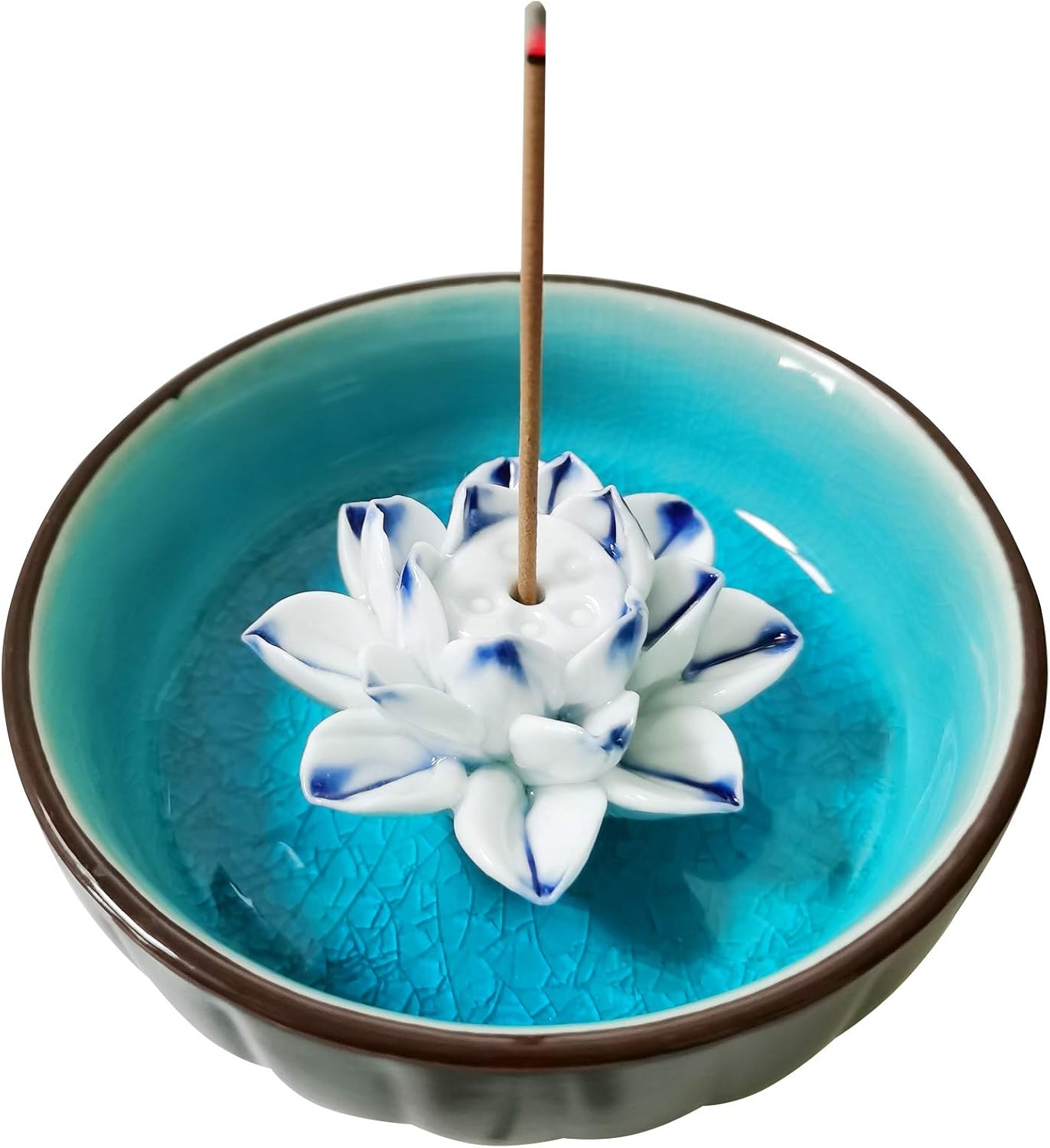 Incense Holders for Sticks,Ceramic Handicraft Lotus Stick Incense Burner Holder,Bowl Cone Coil Lotus Ash Catcher Tray for Home Decor Yoga Spa Meditation 4.53" (Light Blue)