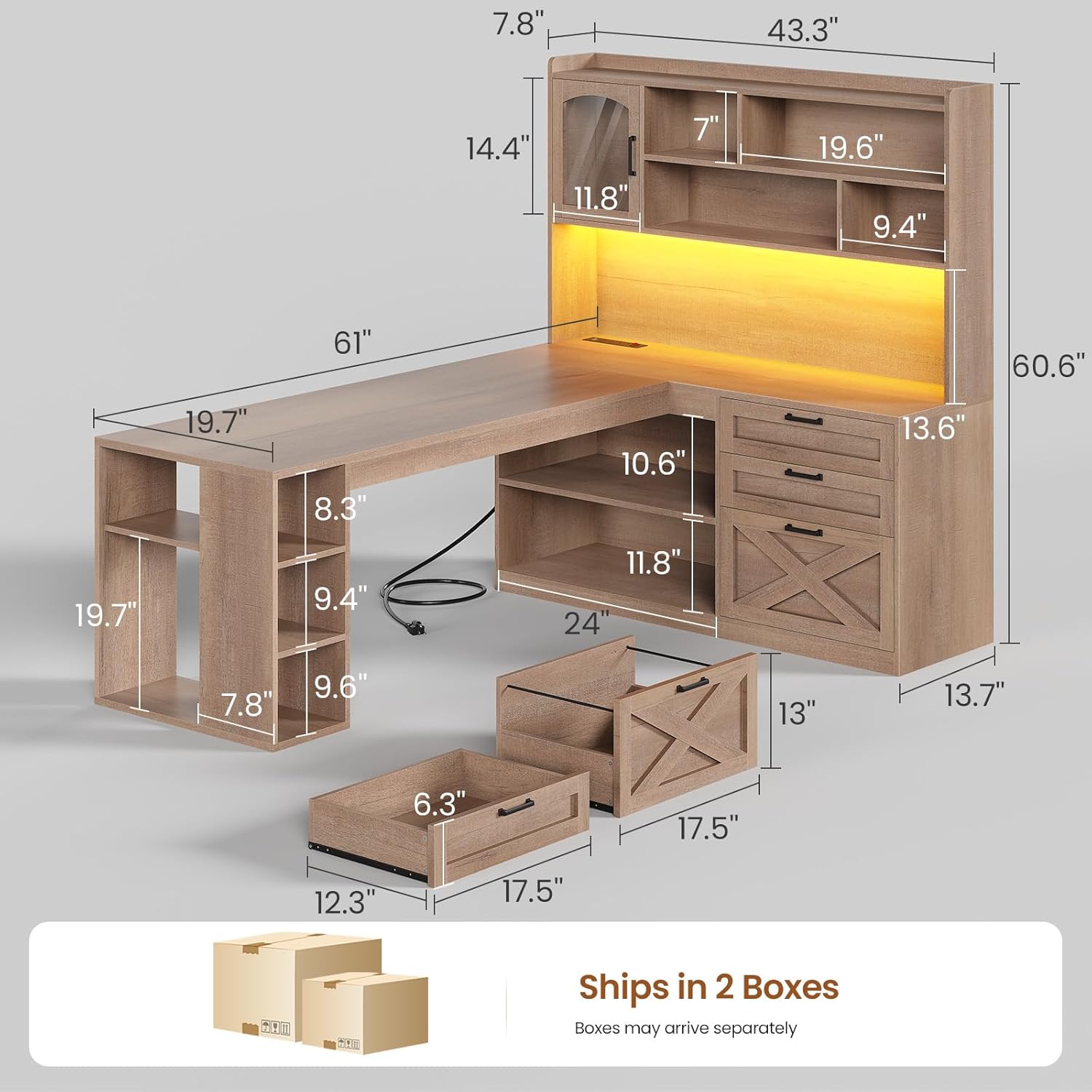 Detailed diagram of the desk with all components and dimensions for assembly