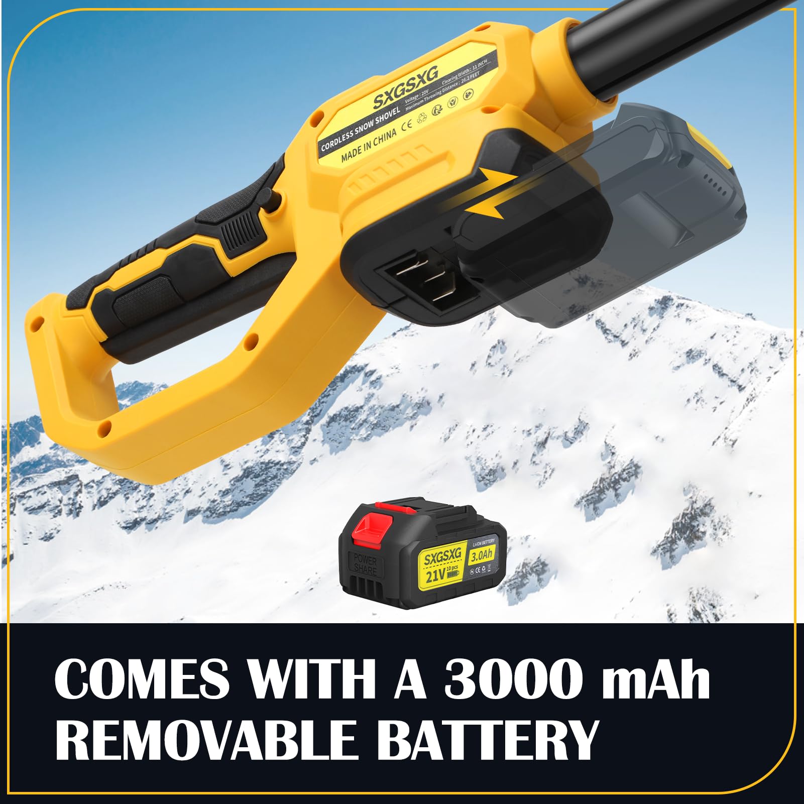 Schneefräse Akku Elektrische Schneefräse mit Akku und Ladegerät Arbeitsbreite 28cm, Schneehöhe 15cm, Auswurfweite 8m & Auswurfhöhe 1,6m,120° verstellbarem Auswurfkanal, Schneefräsen (Gelb)