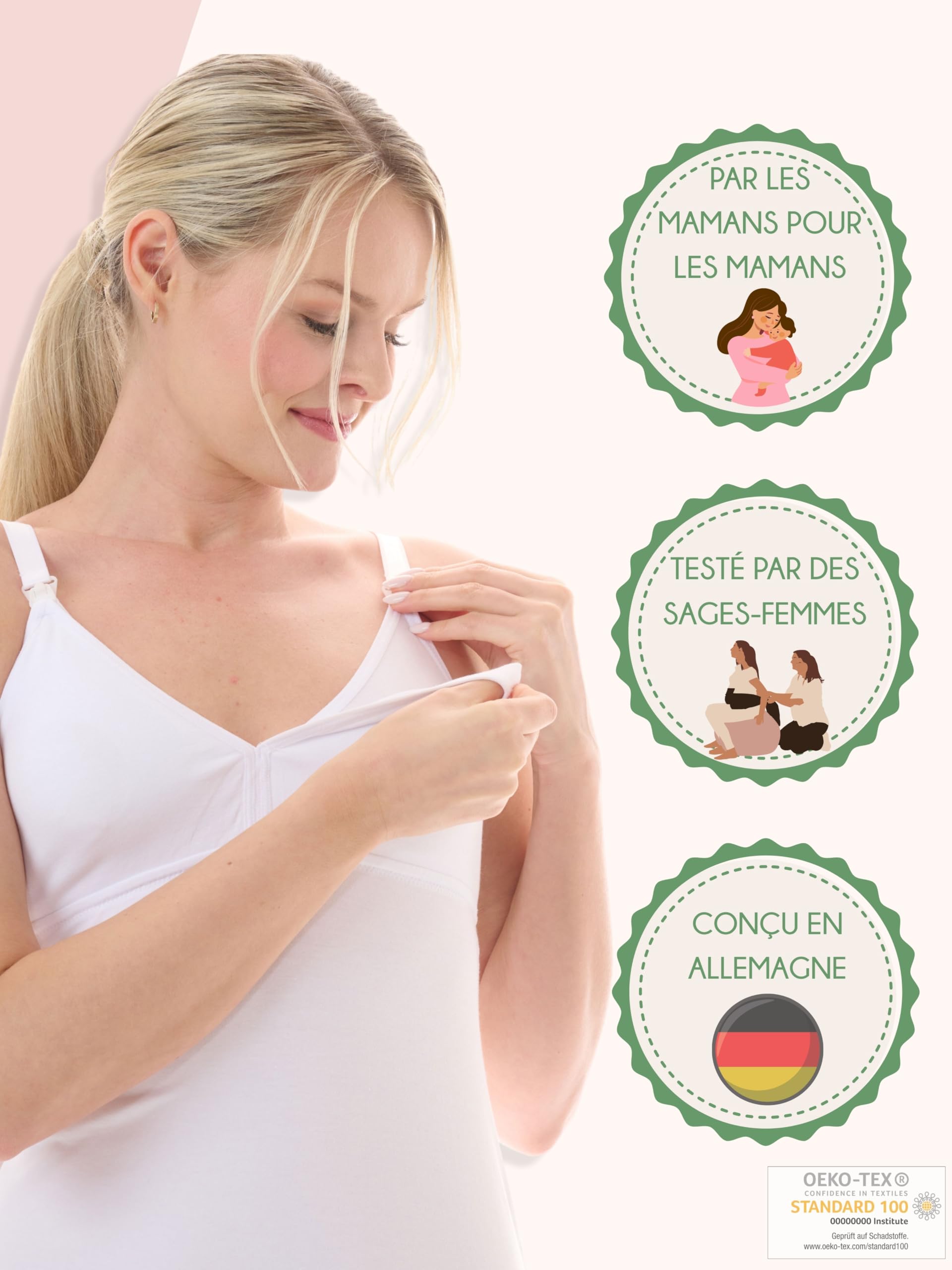 Herzmutter Camisole Allaitement Coton - OekoTex100 - débardeur Allaitement - sous Vetement Femme - Bustier intégré - Top Bretelle Ajustable - Lot de 2-5400