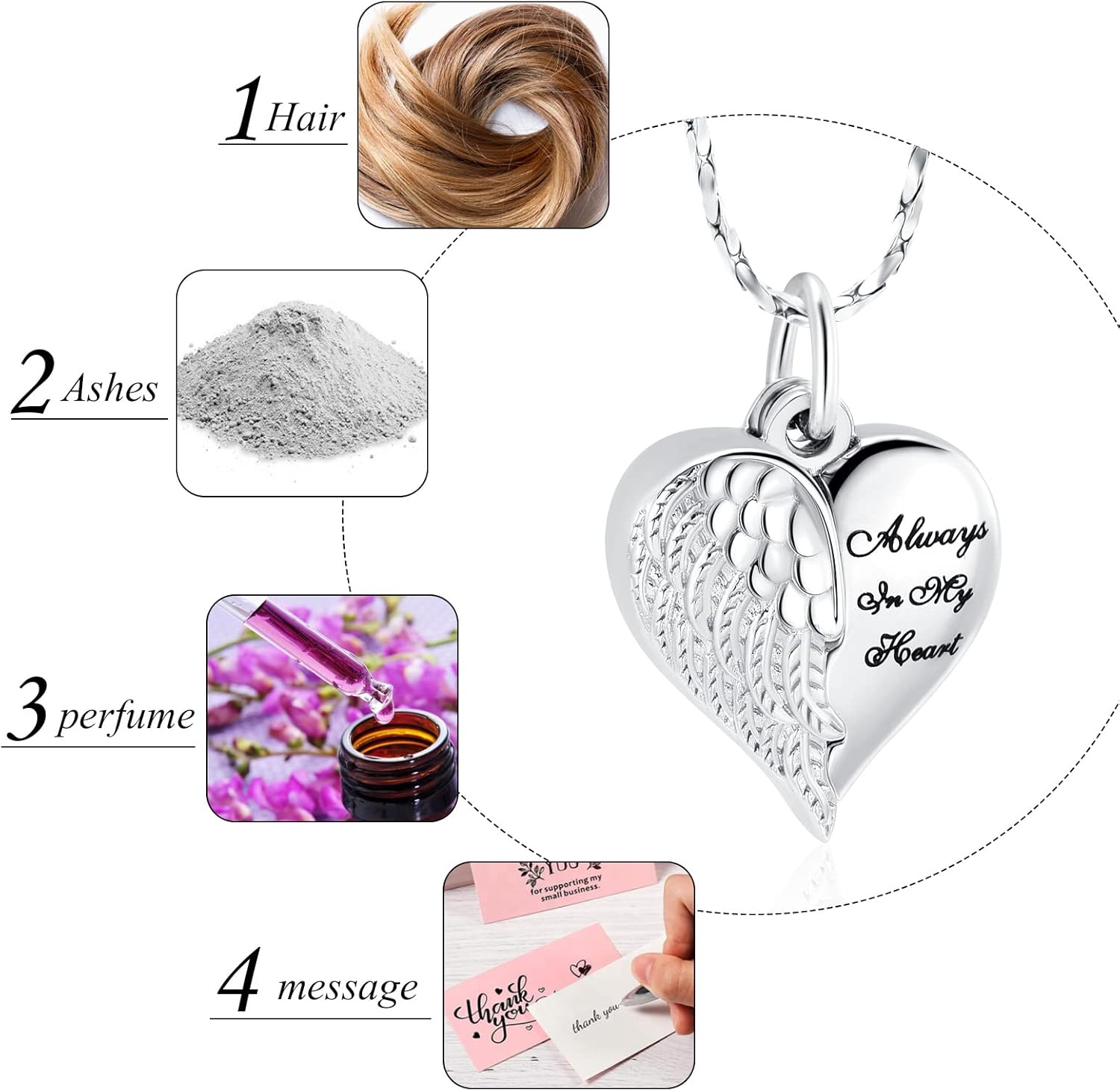 Imrsanl Cremation Jewelry for Ashes Heart Urn Necklace Pendants Ashes for Women Men Family Keepsake Memorial Angel Wing with Charm Heart for Loved Ones - Image 4