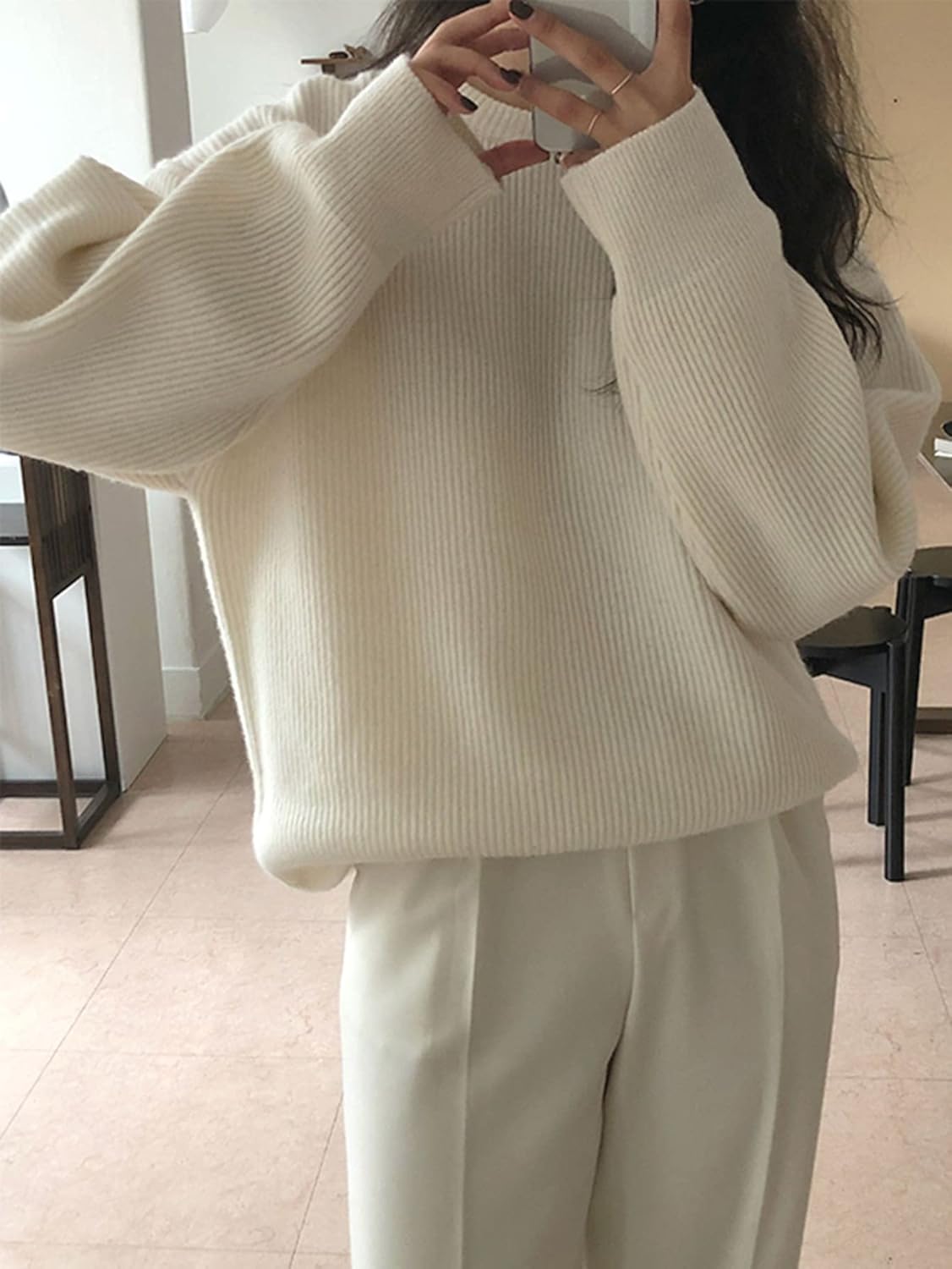 BEDAW Women's Sweater Ribbed Knit Drop Shoulder Sweater Sweater for Women (Color : White, Size : Medium)