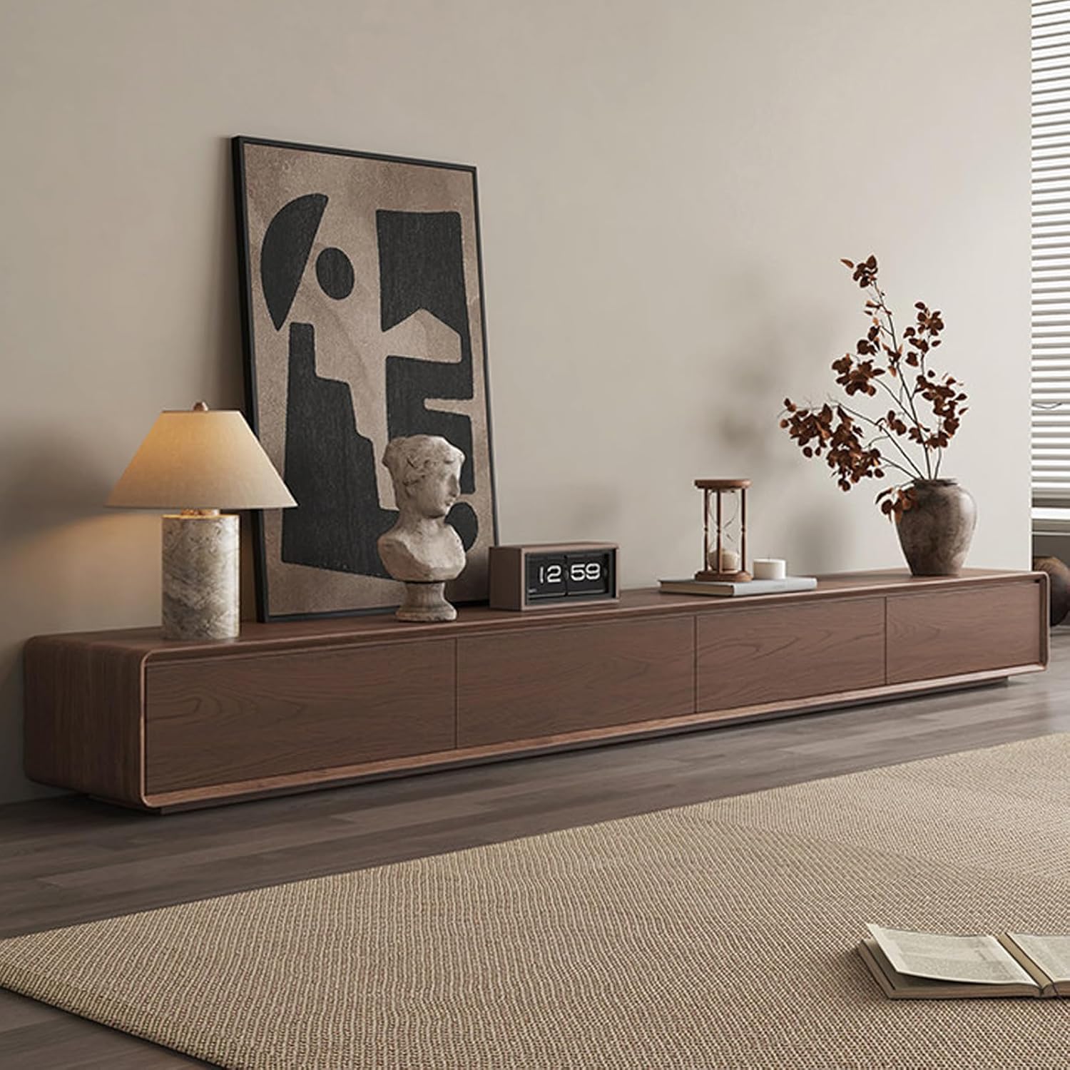 Fully-Assembled Minimalist TV Stand, Modern Floor-Standing Entertainment Center with 1 Flip-Down Cabinet Doors 2 Drawers, Solid Wood TV Cabinet with Storage Walnut 71×16×10"