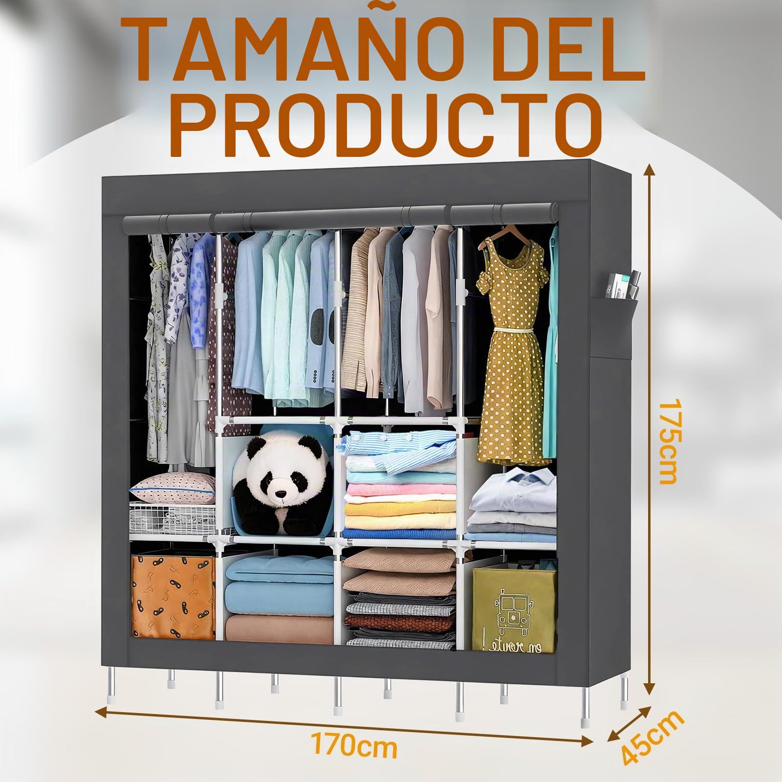 Armario portátil de tela, armario estable para colgar para dormitorio, perchero de metal con funda de tela Oxford, 165 x 170 x 45 cm
