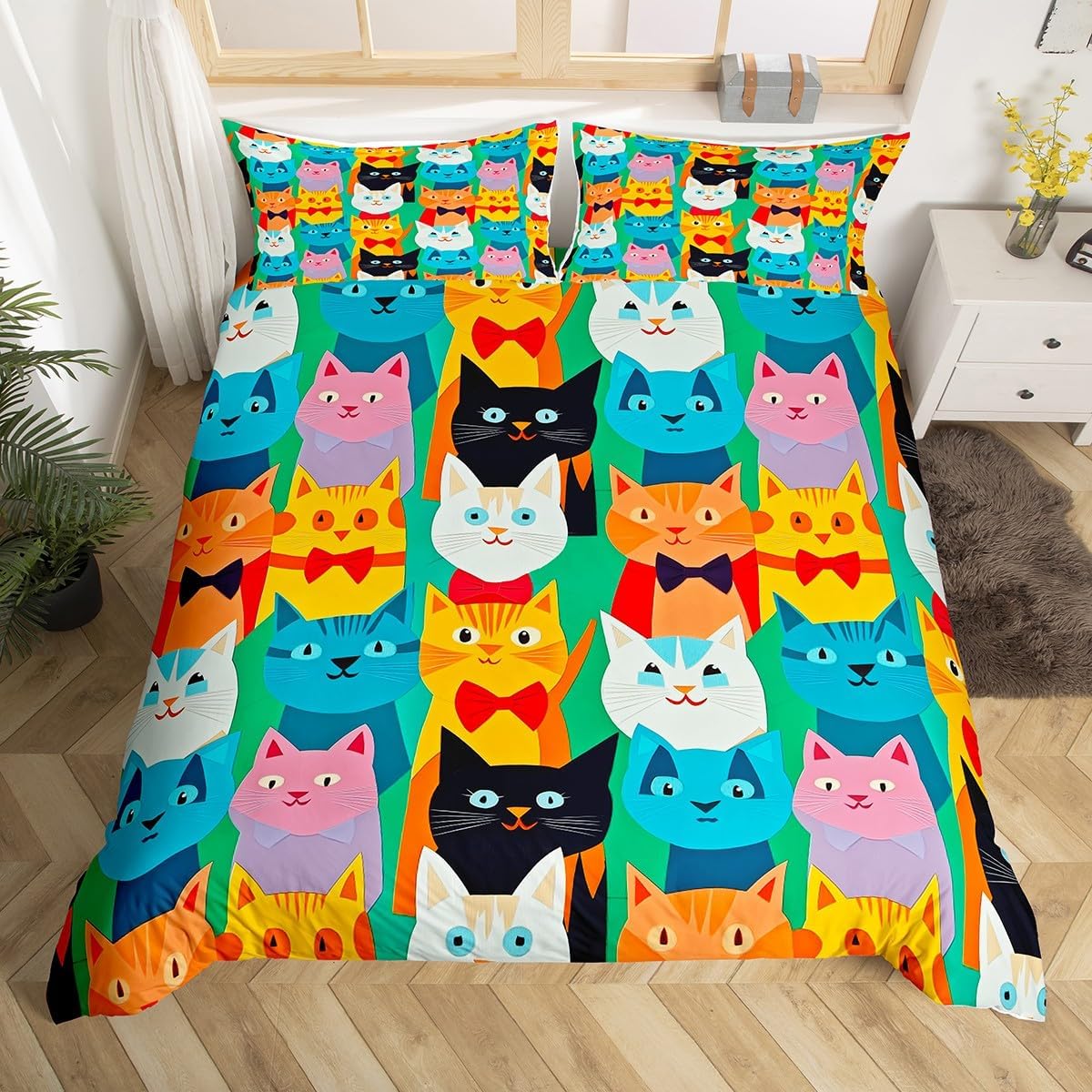 Abstract Cats Duvet Cover Toddler Size Colorful Cartoon Animal Comforter Cover for Teens Kids Modern Hand Drawn Style Bedding Set Funny Childlike Style 2 Pieces Decorative Bed Cover(No Comforter)