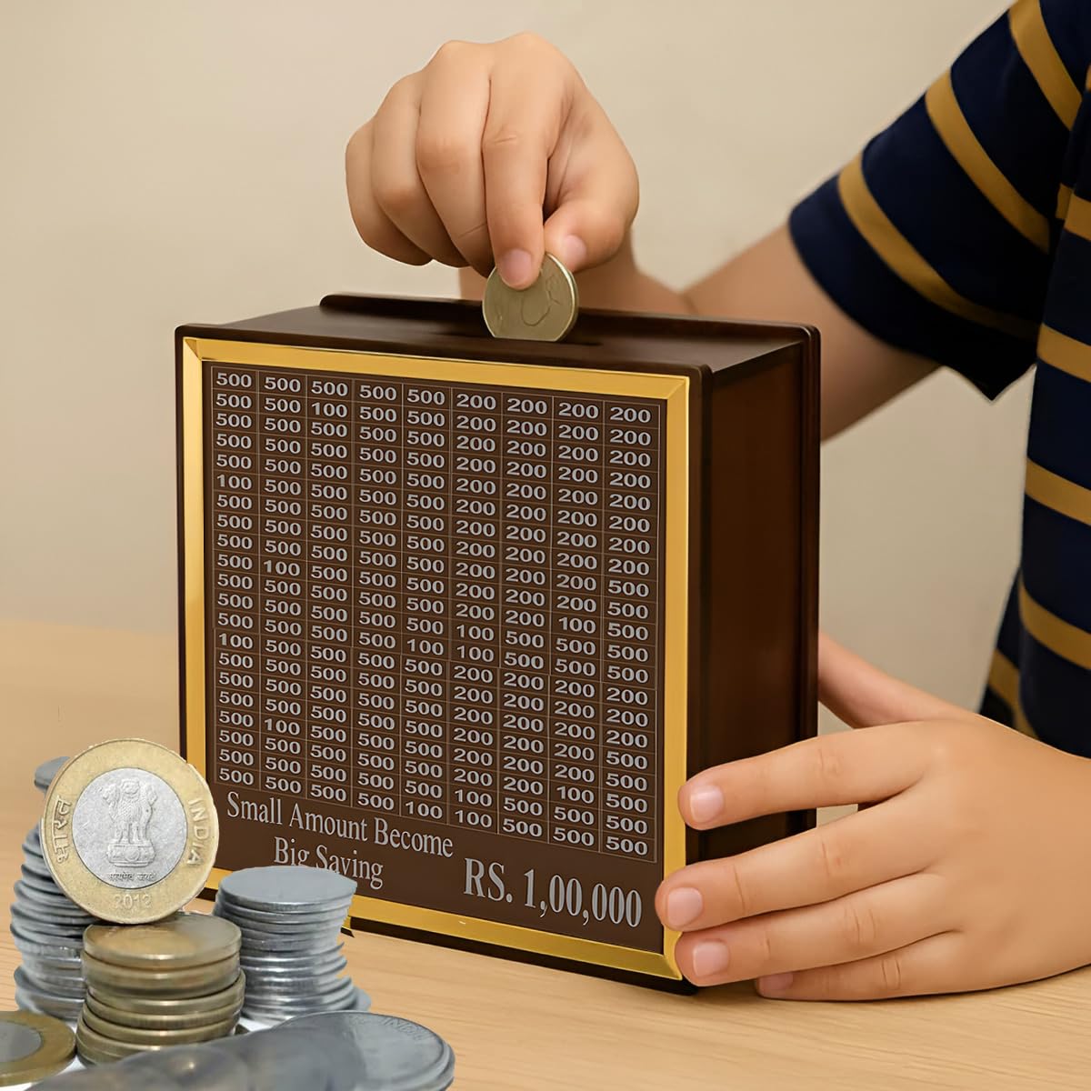 DALUCI Money Saving Box for Adults & Kids | 1 Lakh Savings Challenge Wooden Piggy Bank with Denomination Grid | Cash Saving Box, Budget Organizer & Unique Gift Item (Golden Line) - Image 6 thumbnail