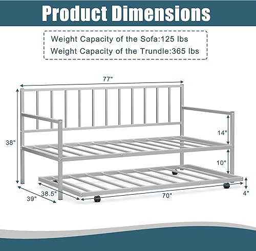 Miniatura 9 de Giantex Sofá cama individual con nido, sofá cama de metal tamaño individual con nido extraíble con 4 ruedas, sofá cama con soporte de listones de