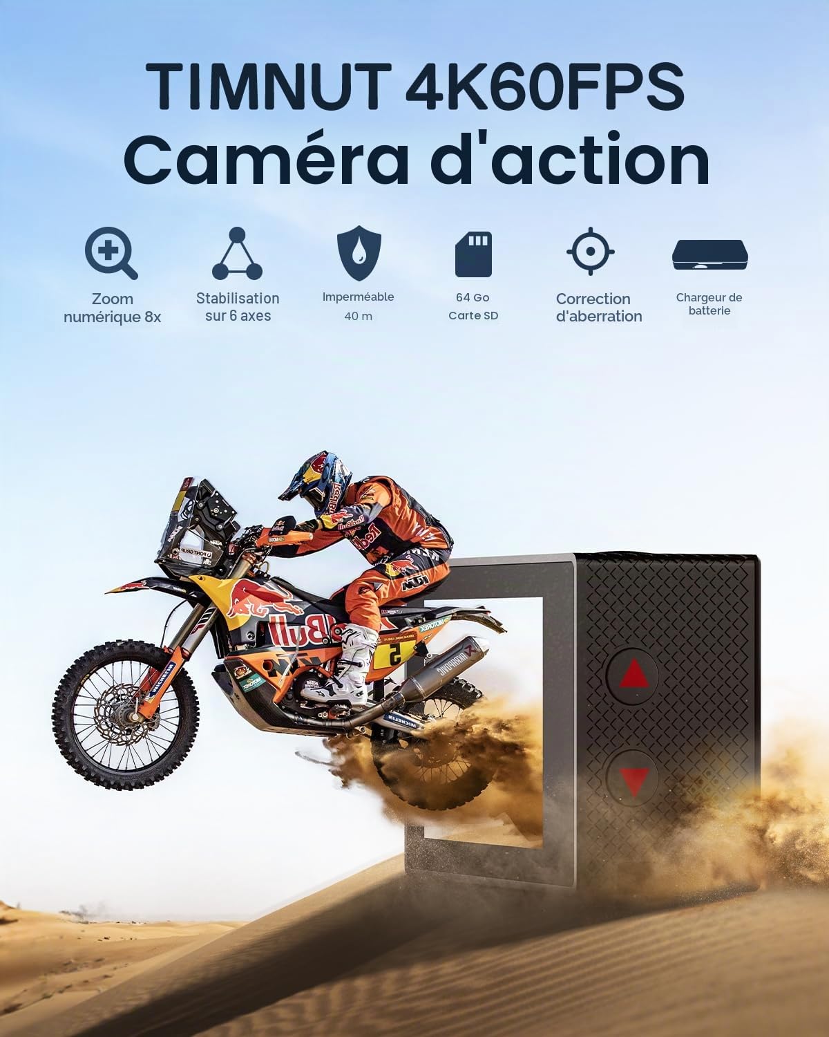 Sport Caméra 4K 60FPS, HD 48 MP Caméscope WiFi, Caméra Étanche 40m avec Microphone, Télécommande, EIS Anti-Vibration, 2 Batteries, Divers Accessoires
