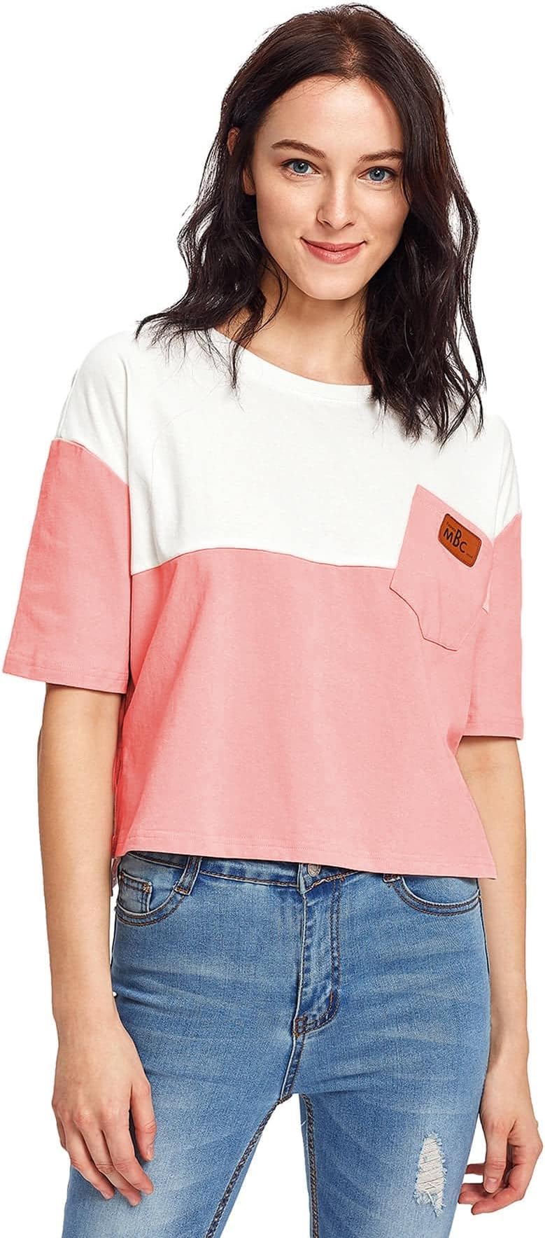 SweatyRocksWomen's Color Block Half Sleeve High Low Casual Loose T-Shirt Tops