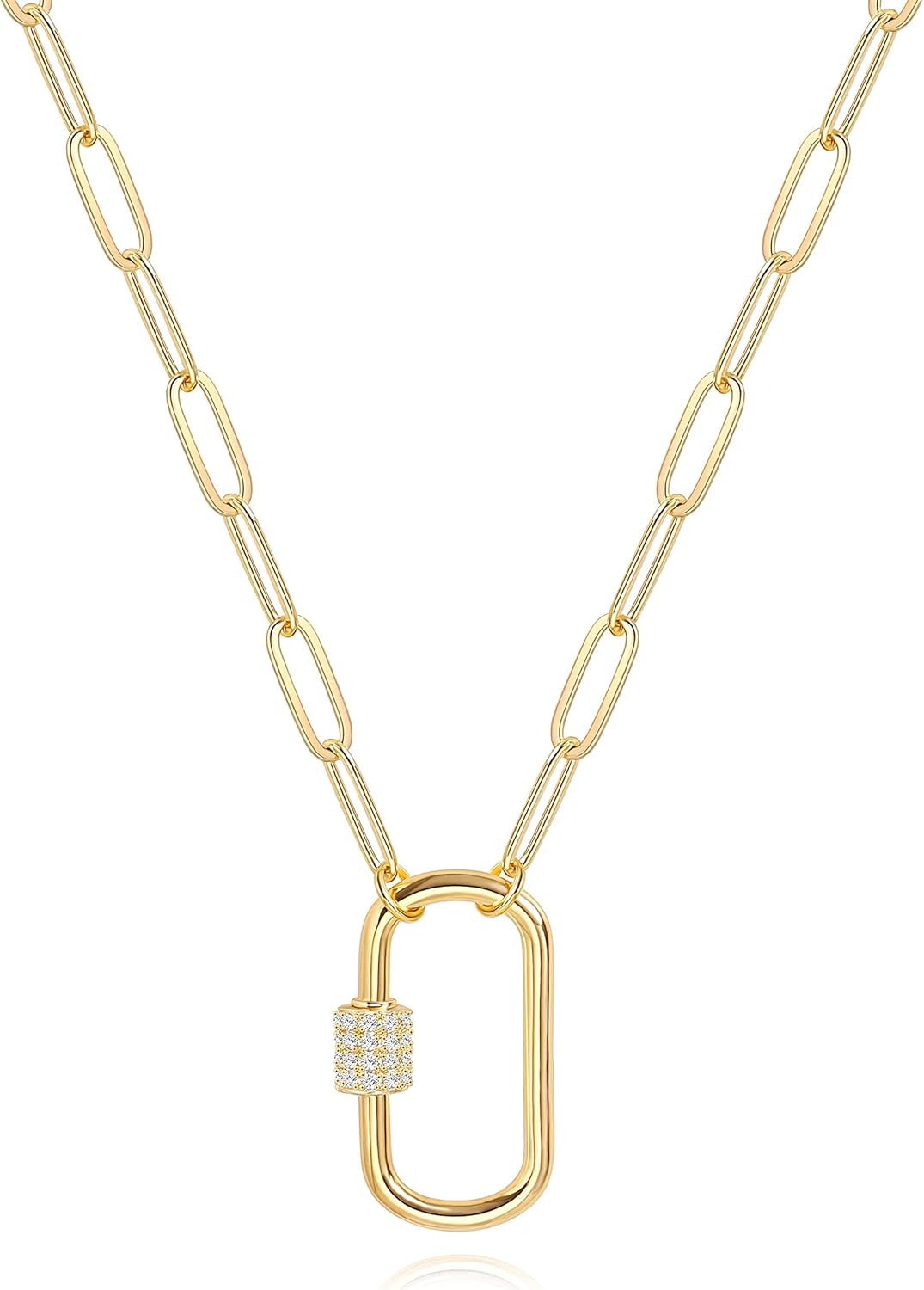 AobeiPearl 18K Gold Plated CZ Screw Lock Oval Pendant Paperclip Chain Choker Necklace for Women