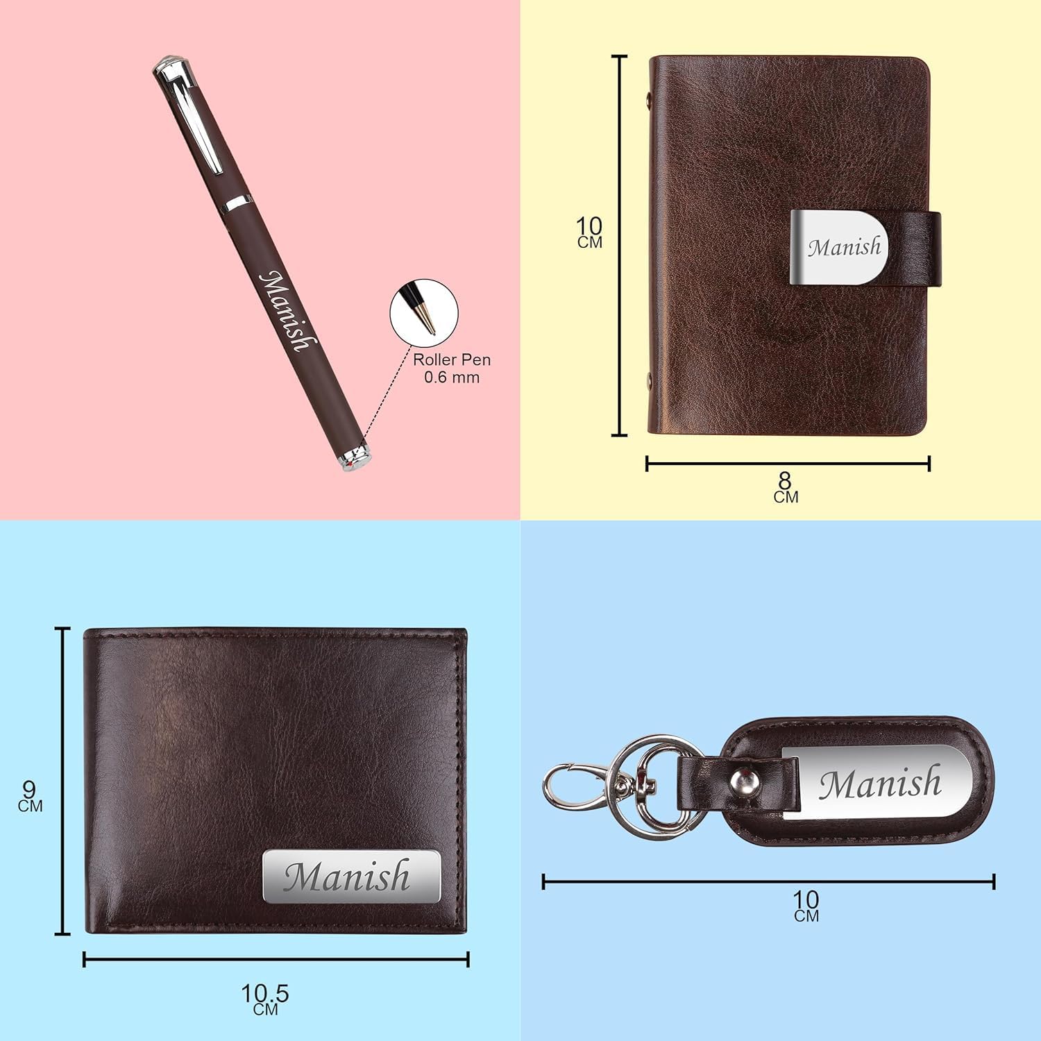 The Wallet Store Personalized Wallet, Pen, Key Chain & Cardholder Gift Set | with Name | Vegan Leather | Best Gift for Brother, Husband, Boyfriend, Father, Etc (BROWN-PN03-CH03-KC13-WL15) 3