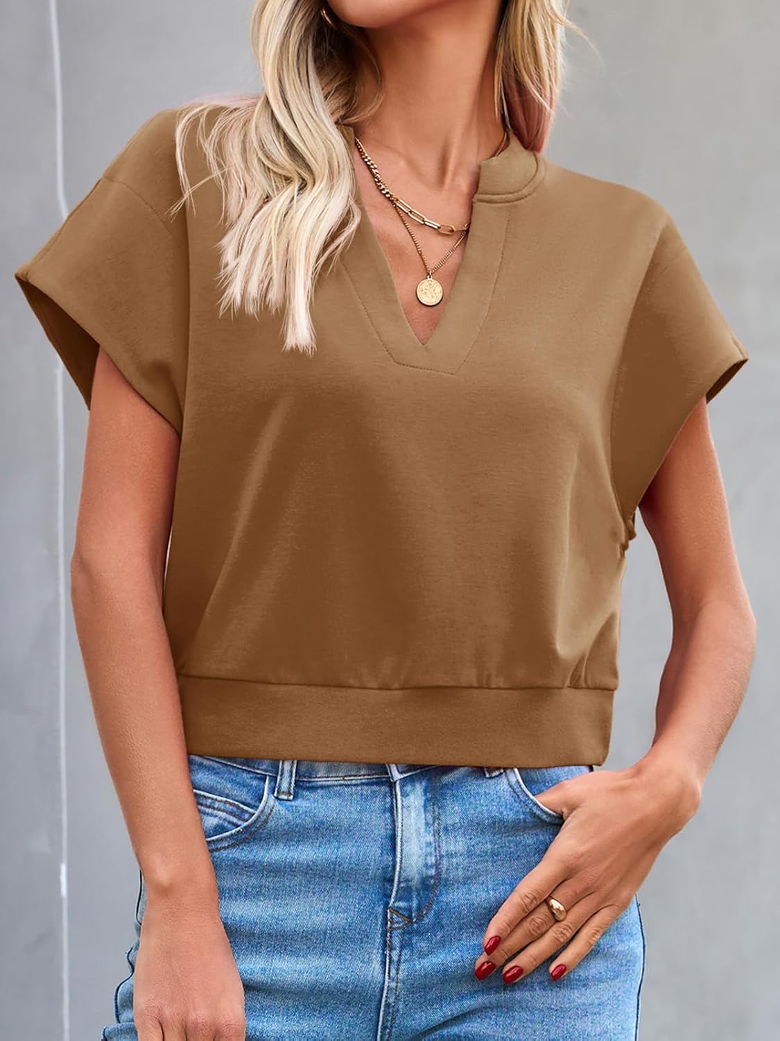 Fisoew Womens Cropped Tops Summer V Neck Cap Sleeve Casual Loose Fit T Shirts - Image 2