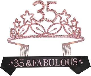 MEANT2TOBE 35th Birthday Sash and Tiara for Women - Fabulous Glitter Sash + Stars Rhinestone Pink Premium Metal Tiara for ...