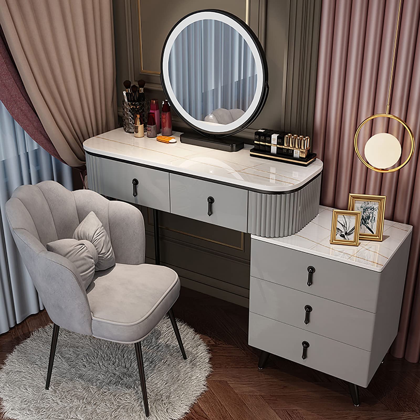 asdchZen Modern Vanity Desk Set With Led Lights Adjustable Cabinet And Cushioned Stool 3 Lighting Modes Ideal For Home Bedroom Studio,Gray+black-120cm/47in