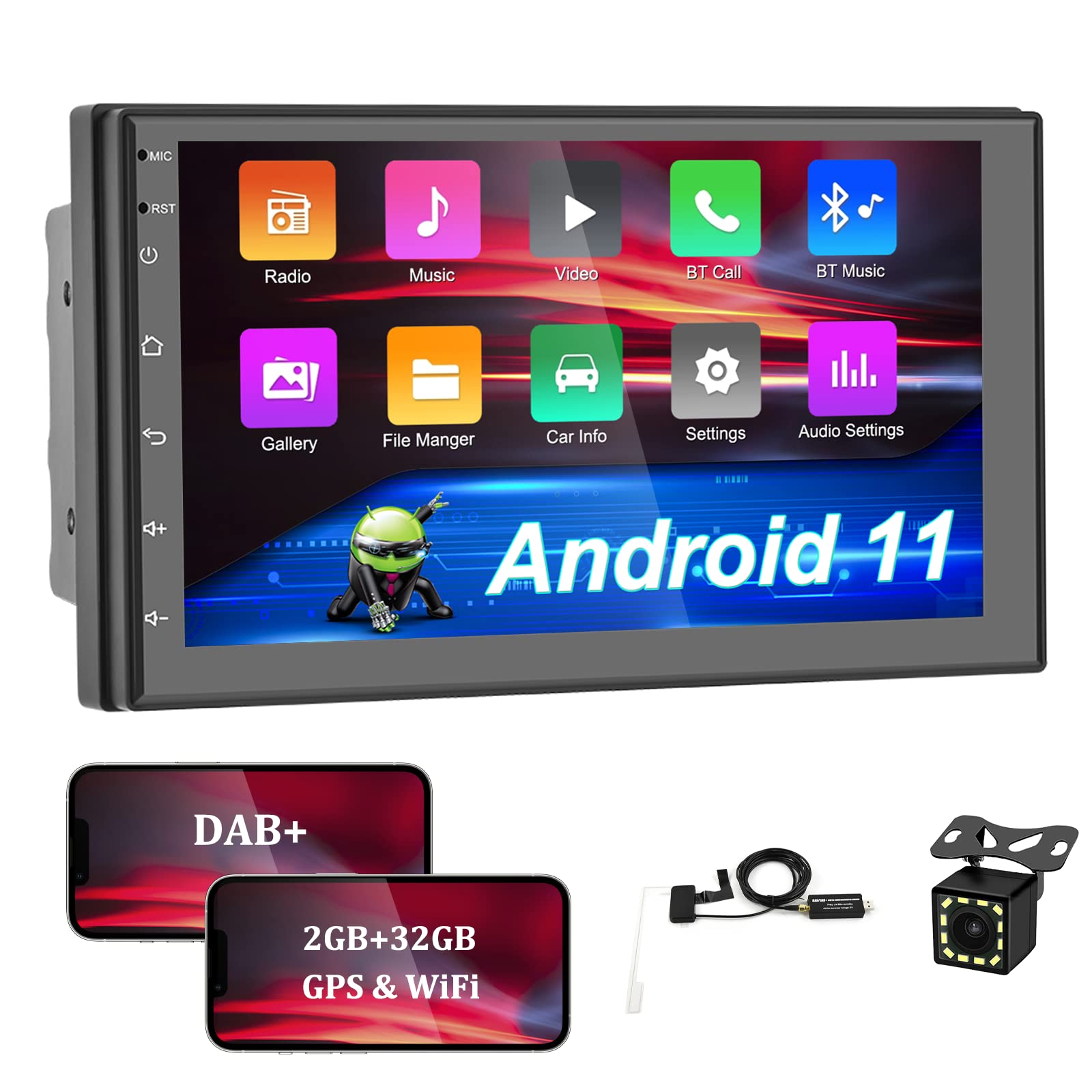 (2GB+32GB)Camecho Android 2 Din DAB Radio GPS Navigation 7 Inch HD Touch Screen Bluetooth Car Stereo Support FM/RDS Radio Mirror Link Steering Wheel Control + Reversing Camera & Microphone