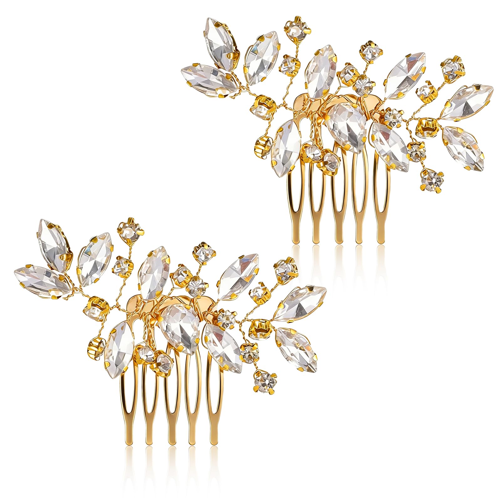 Photo 1 of 2 Pcs Bridal Hair Comb Gold Hair Piece Accessory Gold Rhinestone Hairs Accessories Golden Hairs Piece Sparkle Metal Crystal Accessories for Bride Bridesmaids Women Girls