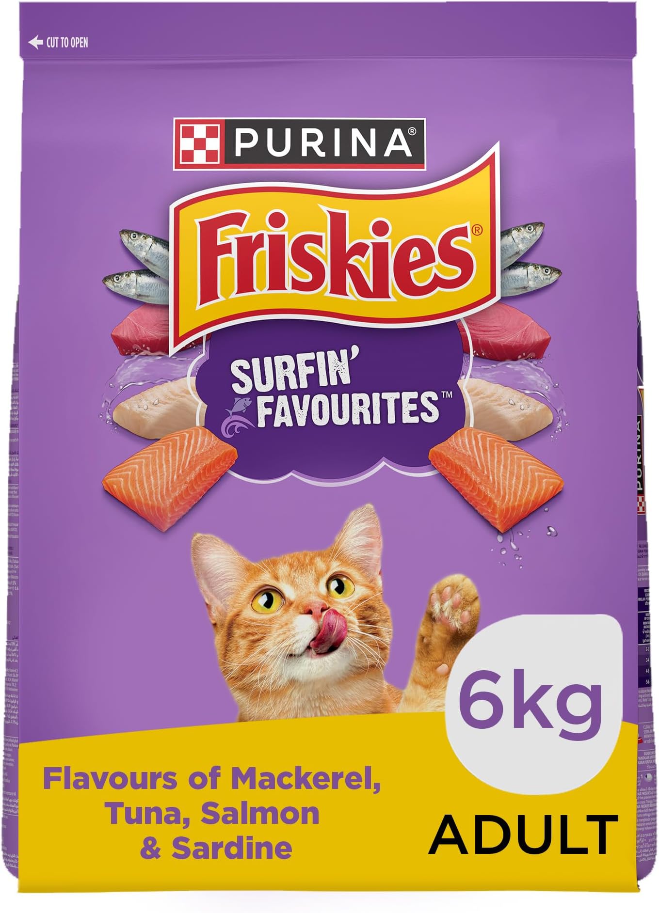 FRISKIES Purina Friskies Surfin' Favourites Adult Cat Food, Mackerel Tuna Salmon & Sardine Flavours, 6.5 Kg Pack, Granule