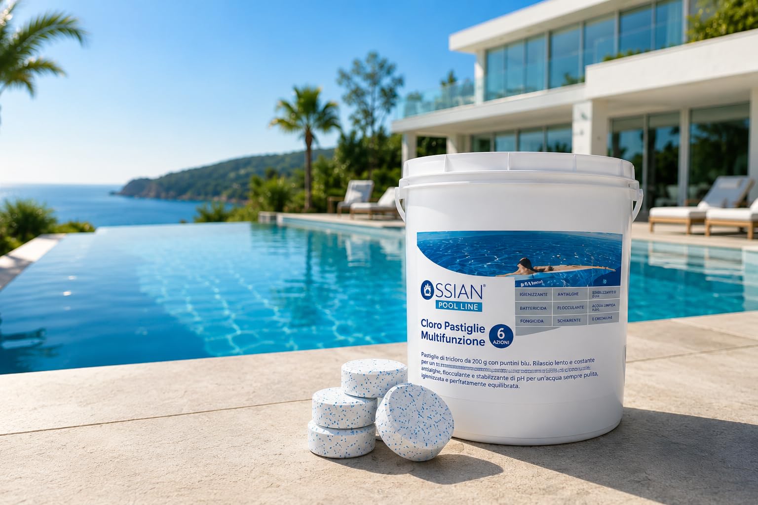 Ossian Pool Cloro Multifunzione 6 Azioni Pastiglie 200 g, Tricloro 90% Antialghe, Flocculante, Stabilizzante pH, Igienizzante, Battericida, Schiarente per Piscina (10 Kg, 10000, grammo, 1)