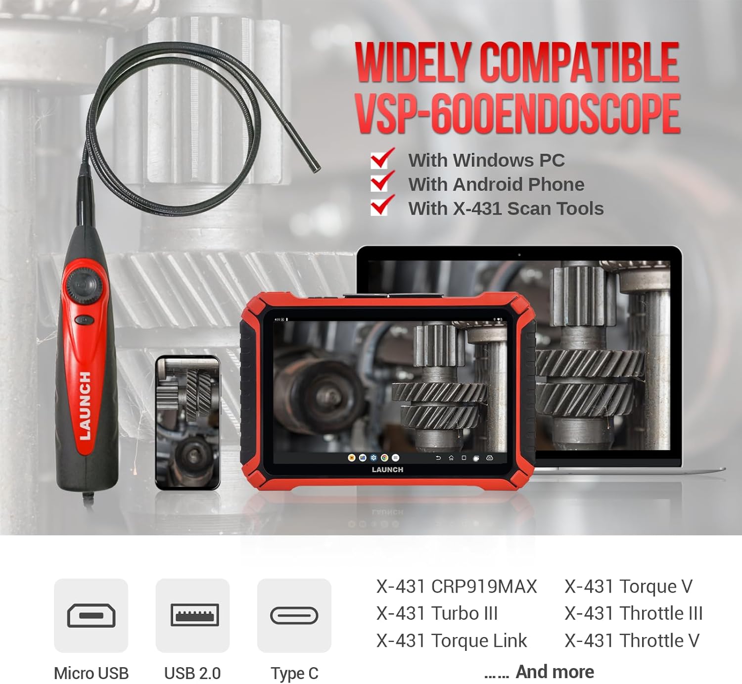 LAUNCH VSP-600 Videoscope, 7mm Snake Camera with 6 LED Lights USB Borescope, IP67 Waterproof HD Borescope Inspection Camera, Industrial HD Endoscope for X-431 Series, Android Cellphone