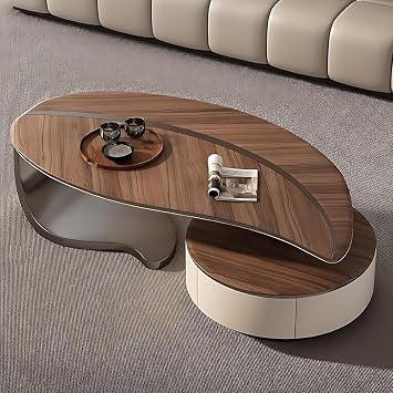 Solid Wood Coffee Table, Leaf Shaped Coffee Table, Mid Century Solid Wood Center Table with 2 Drawers and Walnut Grain Top for Living Room Apartment