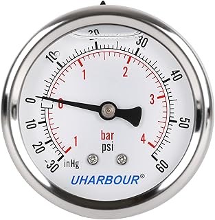 UHARBOUR Glycerin Filled Vacuum Pressure Gauge, 2-1/2" Clear dial,1/4"NPT Back Connection, Stainless Steel Case, Brass Movement, Dual Scales -30HG/60PSI……
