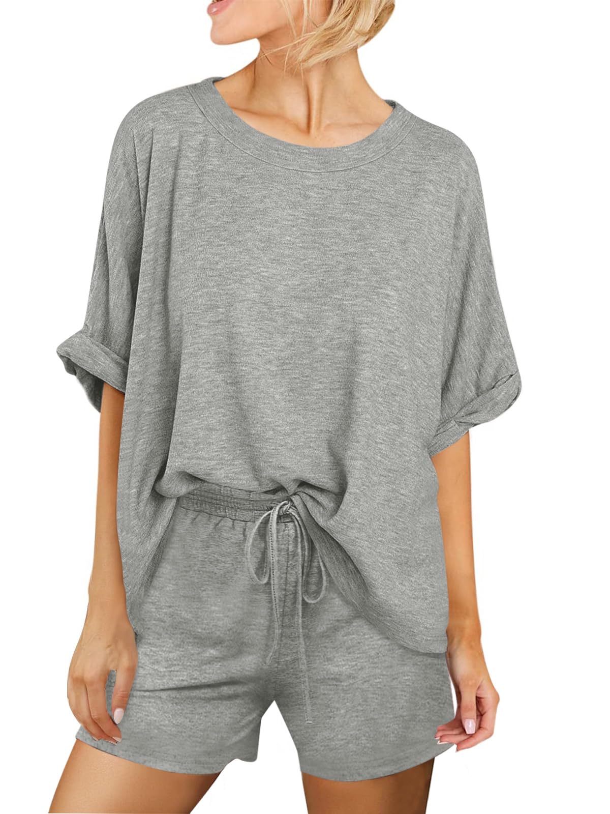 Tankaneo Set da donna in due pezzi, oversize, a maniche corte e pantaloncini, con coulisse, estivo, in 2 pezzi