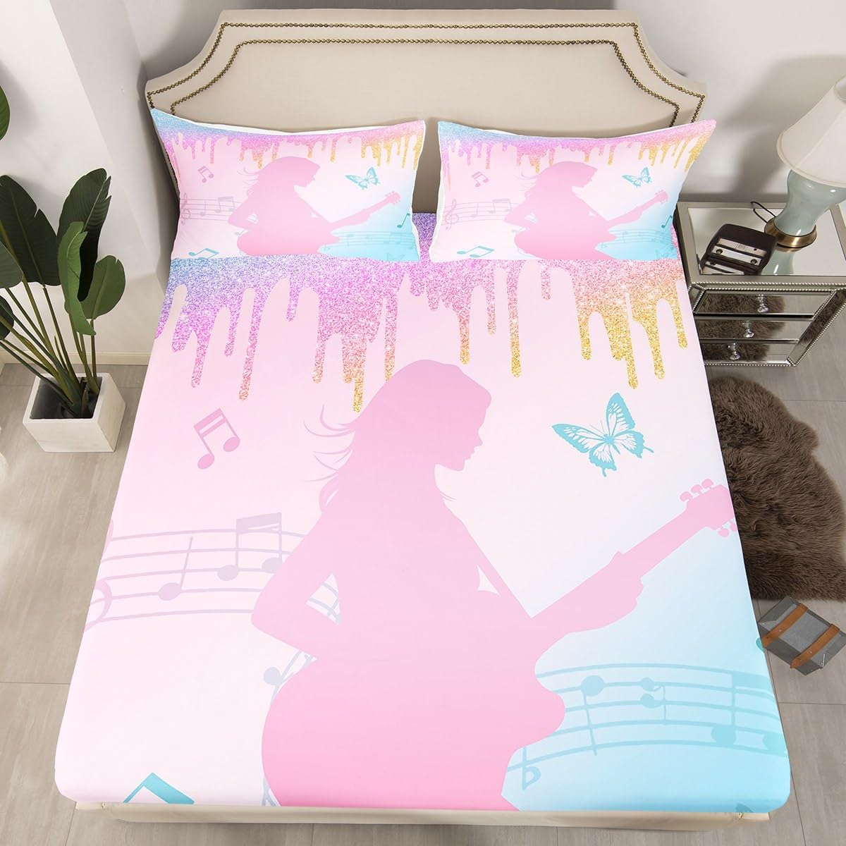 jejeloiu Girls Singer Bed Sheets Pink Music Guitar Bedding Set Twin Size Glitter Fashion Women Bed Cover Room Decor Lightweight Deep Pocket Fitted Sheet with 1 Pillow Case (No Top Sheet)
