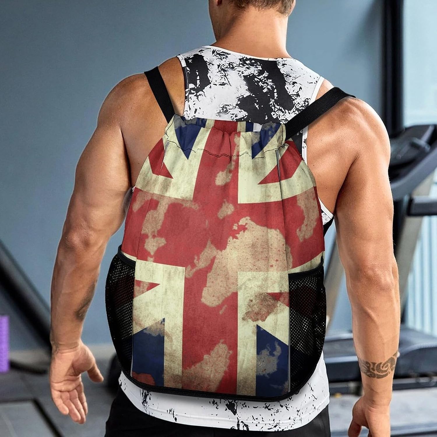Vintage Union Jack British Flag Drawstring Backpack with Wet Pocket - Large Capacity Gym Bag with Shoe Compartment & Mesh Pockets, Adjustable Lightweight Gym Backpack for Swimming, Travel, Workout