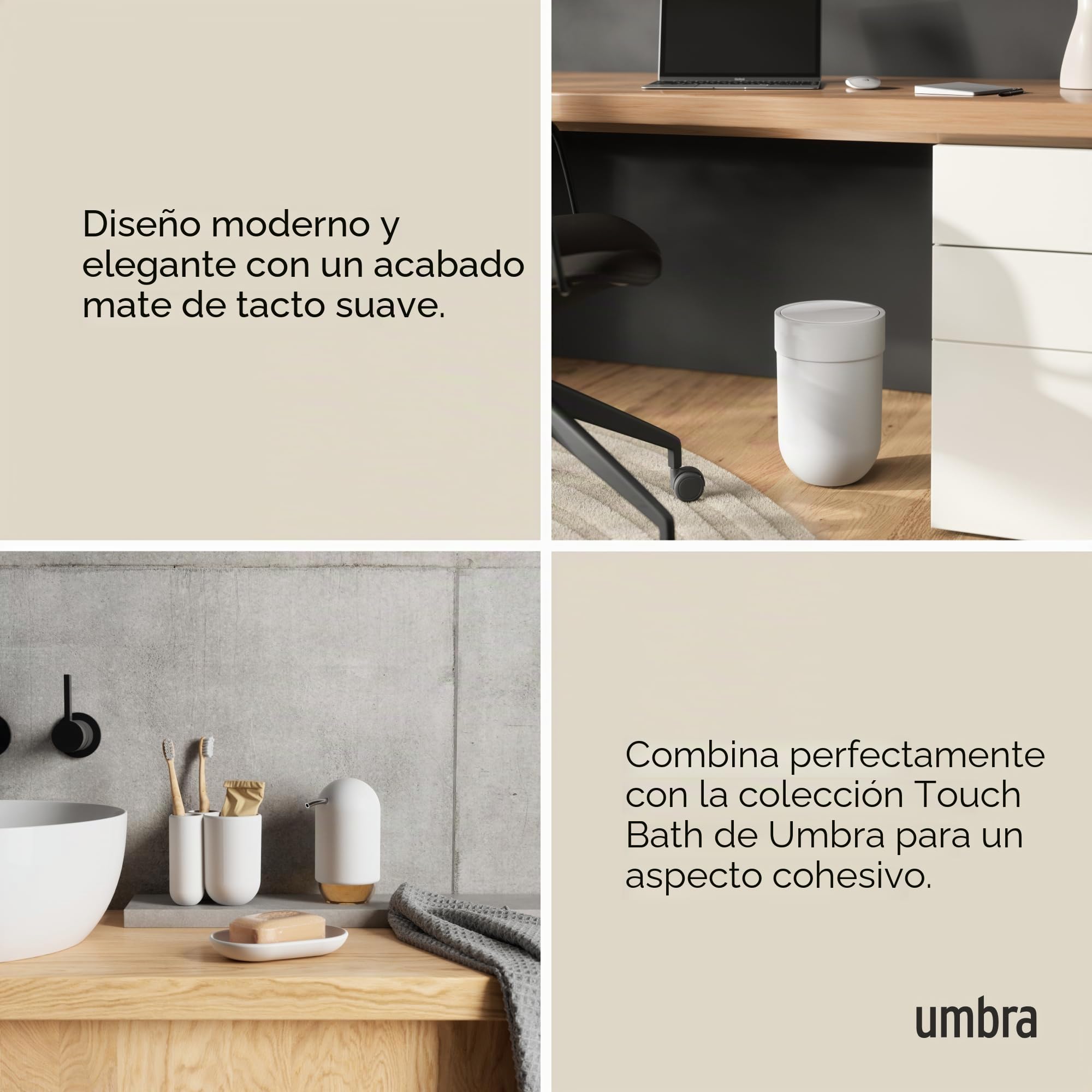 Umbra Touch Bote de basura con tapa para baño, con capacidad de 6 litros, Blanco