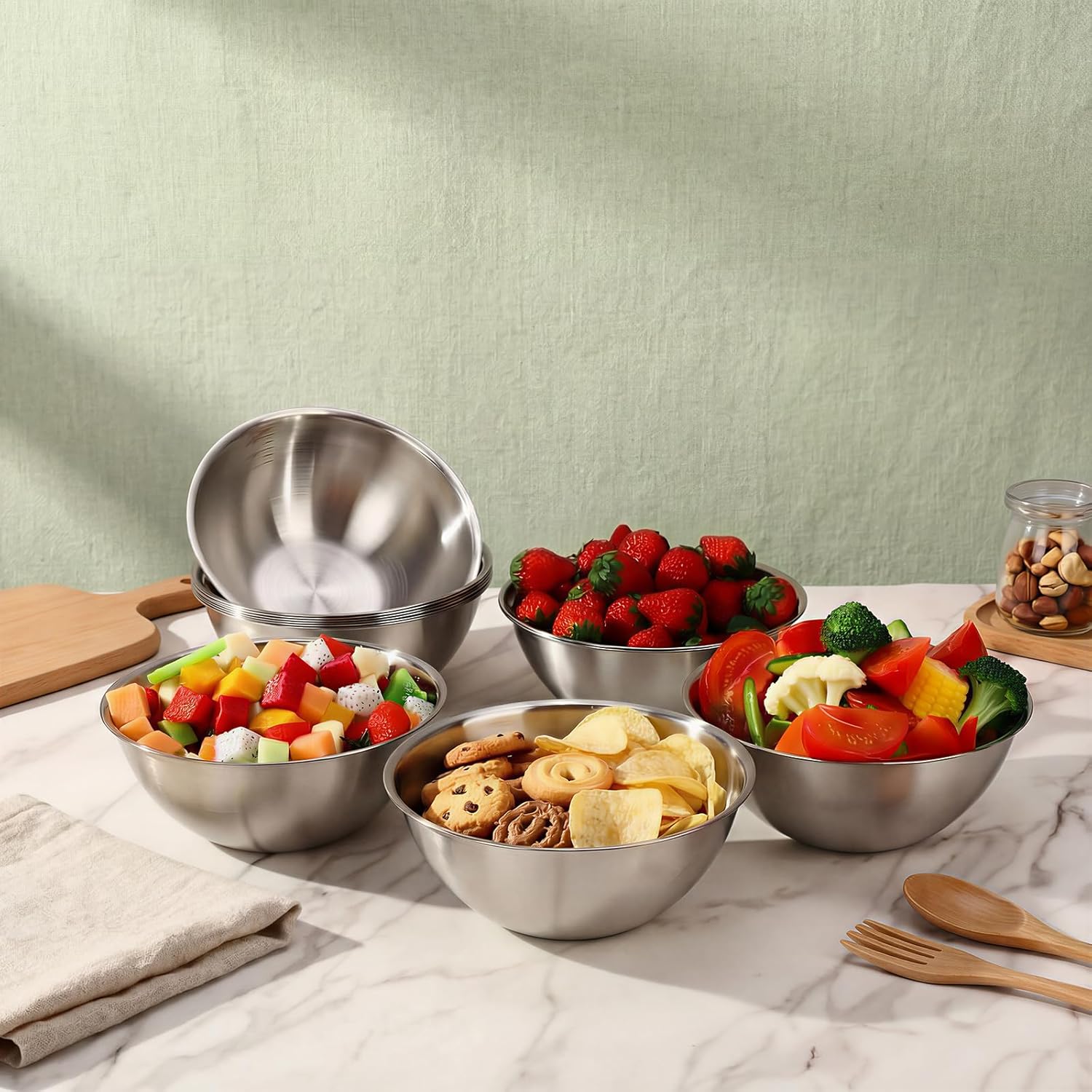 Honeydak 12 Pcs 304 Stainless Steel Mixing Bowls with Graduations, Salad Bowls Metal Serving Reusable Baking Food Storage Containers for Baking, Cooking, Salads, Soups, Ice Cream, Noodles (40 oz)