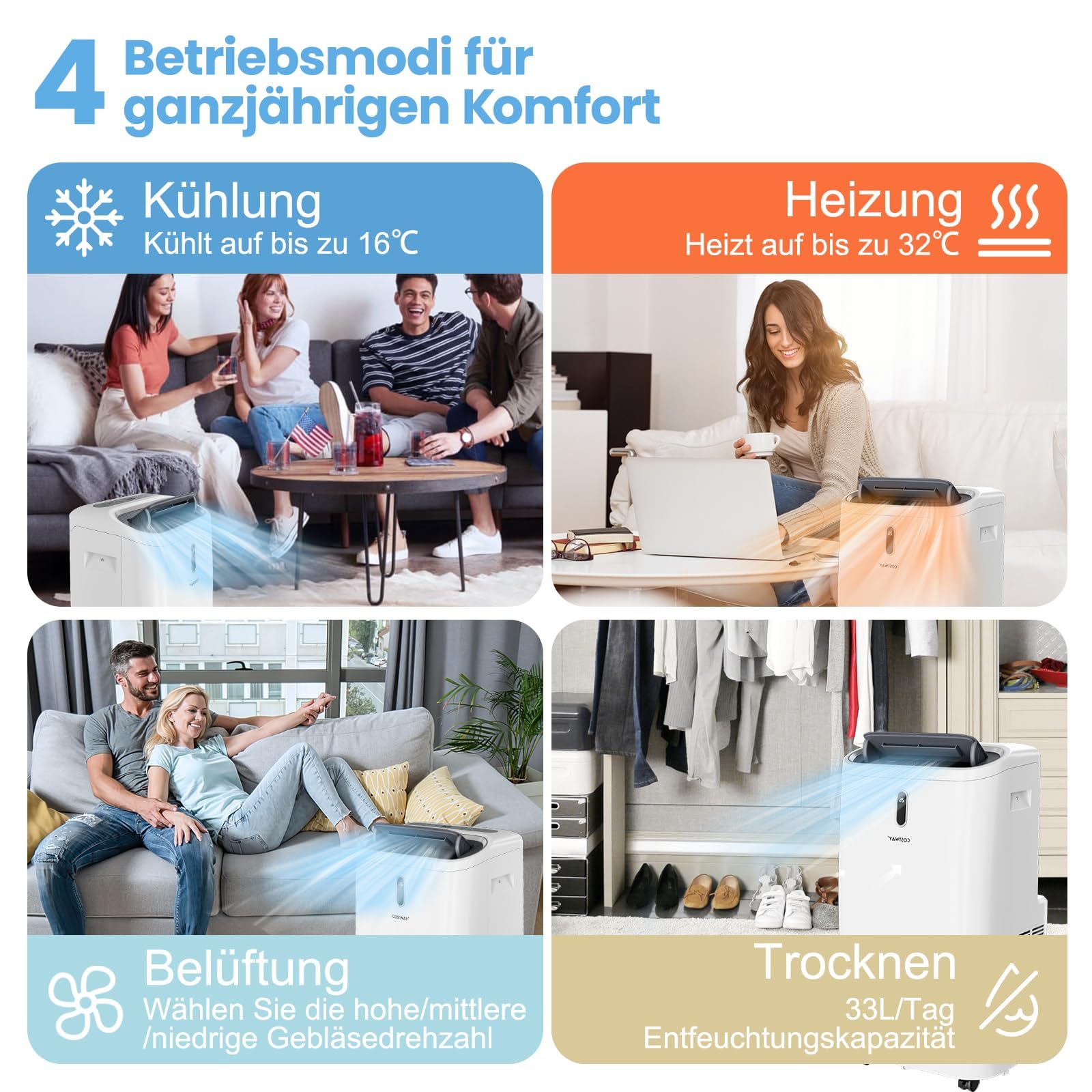 COSTWAY 14000BTU Klimagerät mit Abluftschlauch 4100W | Klimaanlage 5 in 1 Kühlen, Heizen, Entfeuchten, Schlafmodus für Räume bis zu 135 m³, Fernbedienung/App, 24H Timer