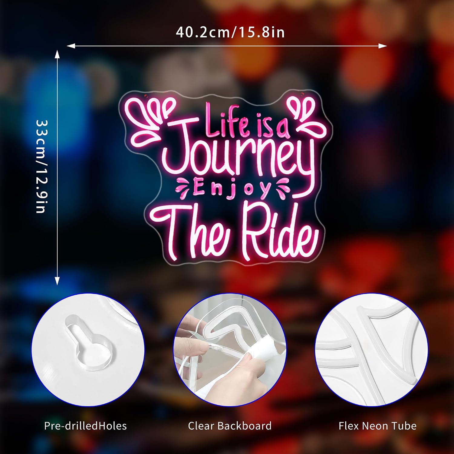 Neon Sign, Life Is a Journey Enjoy the Ride Neon Signs for Wall Decor - Pink LED Signs for Bedroom, Home, Party, Club - USB Powered Light Up Sign Decorations
