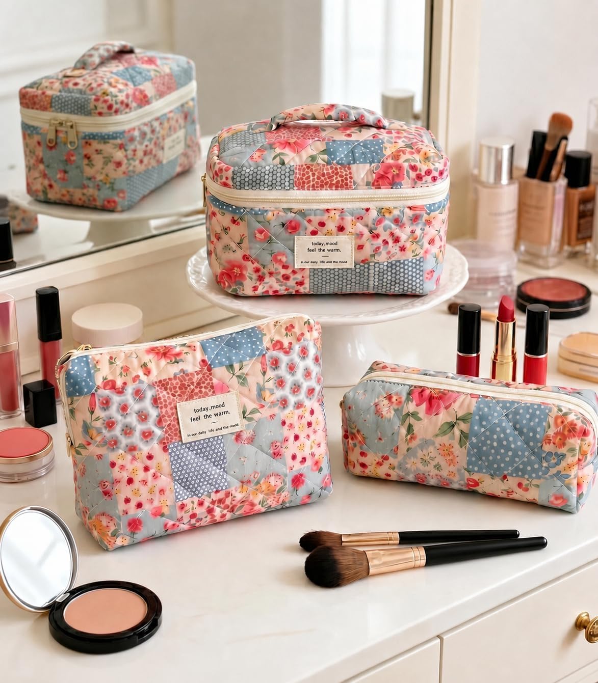 3 Pack Quilted Floral Makeup Bag Set, Pink Flowers Cotton Cosmetic Pouches, Cute Chic Large Capacity Toiletry Organizer Pouch for Travel and Daily Use, Soft Fabric Beauty Bags for Women Girls