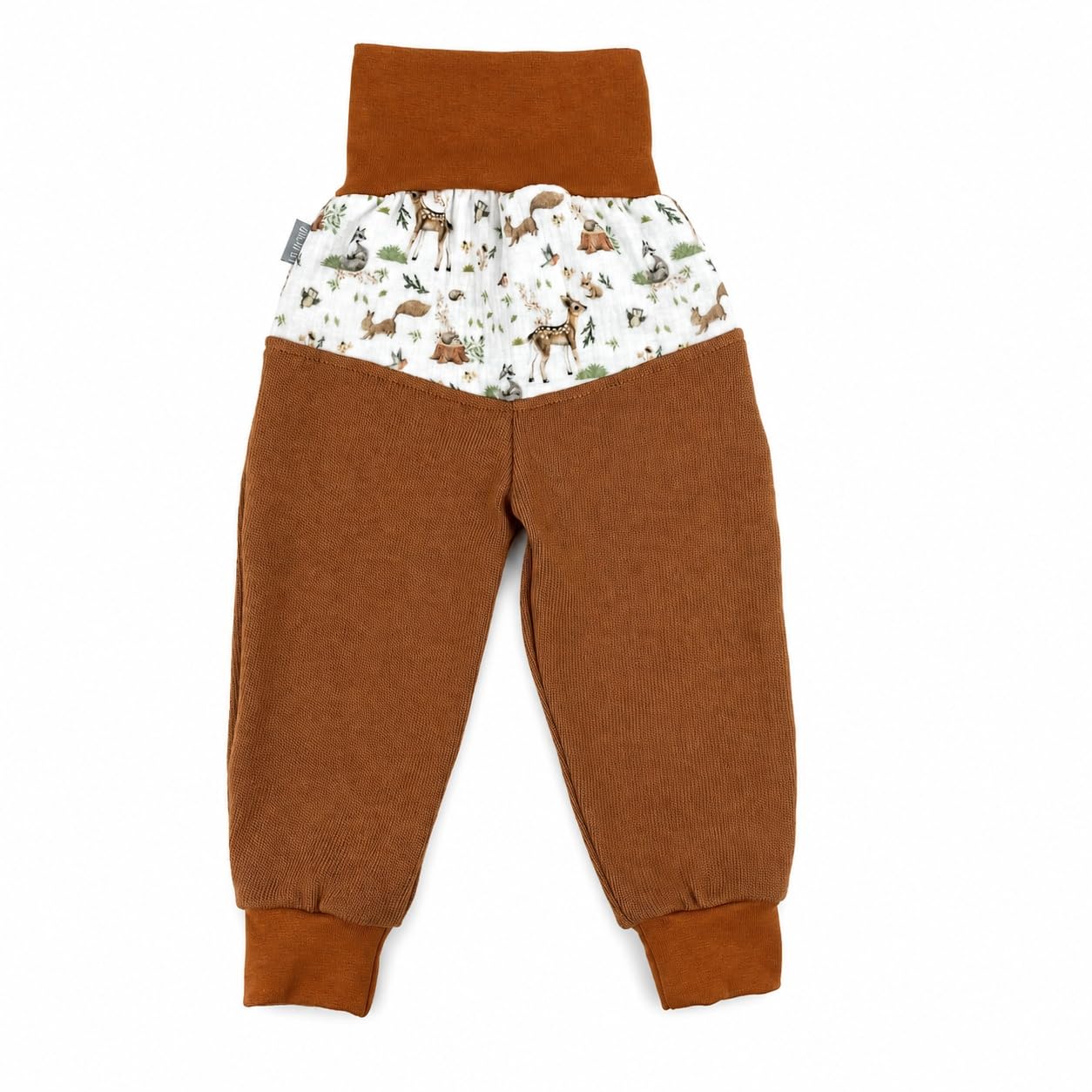 Lilakind Strick Pumphose Kinder | Musselin mit Waldtier-Muster | Babyhose Kleinkindhose | 100% Baumwolle | Terra | Größen 74/80-104/110