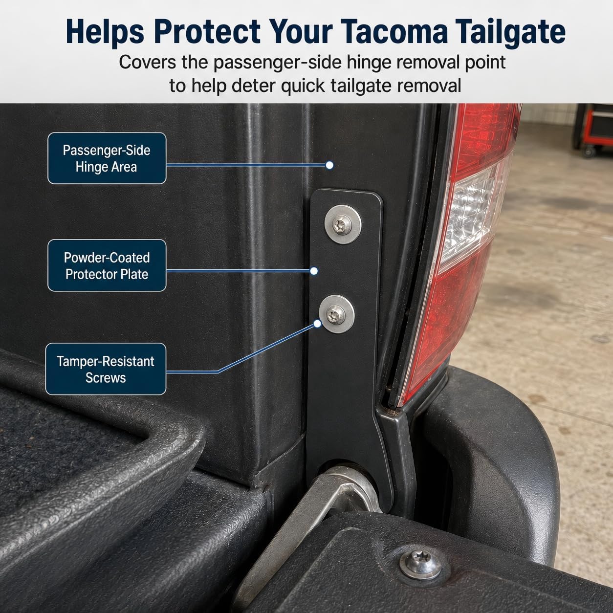 Tailgate Theft Protector for 2005-2015 Toyota Tacoma, Anti-Theft Tailgate Lock Bracket with Security Hardware, Heavy Duty Steel with Sandblasted Powder Coat Finish, Rust & Scratch Resistant