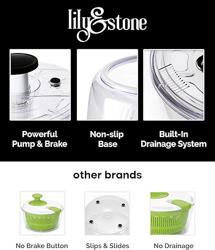 Miniatura 2 de lily&stone Molinillo de ensalada de bomba grande con drenaje, tazón y colador, giratorio de lechuga multiusos rápido y fácil, secadora de verduras,