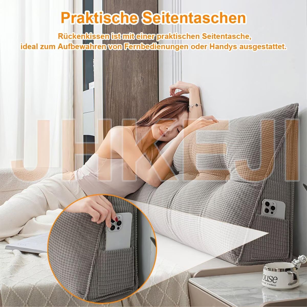 Rückenkissen Bett 140 cm Gelb, Cozy Lesekissen für Bett und Sofa, Groß Keilkissen mit Abnehmbarem und Waschbarem Bezug, Praktischem Seitenfach,