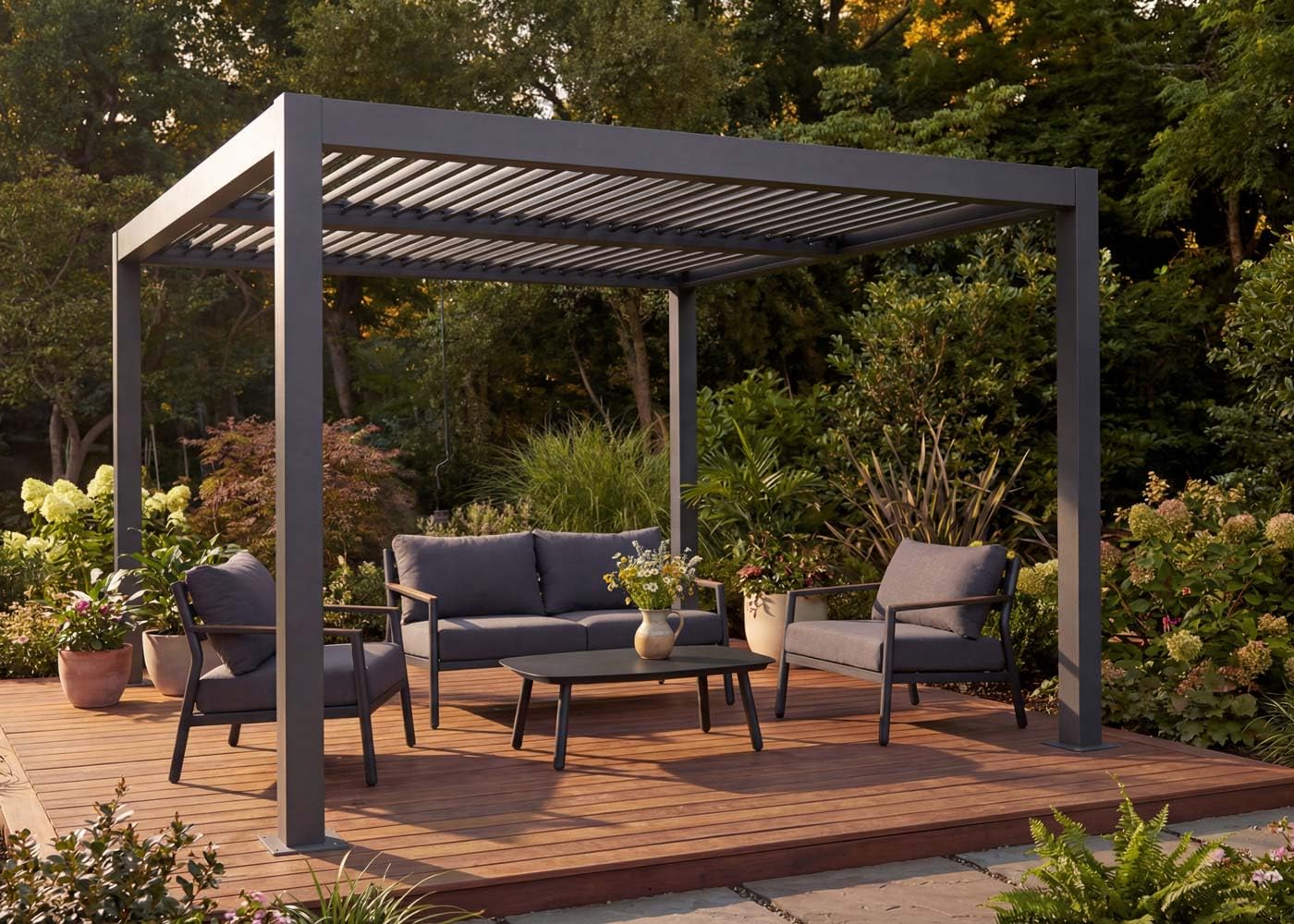 Pergola HWC-L46, pawilon ogrodowy lamelkowy, stelaż aluminiowy 10 cm, rynna deszczowa odporna na sztorm, 3 x 4 m - antracyt