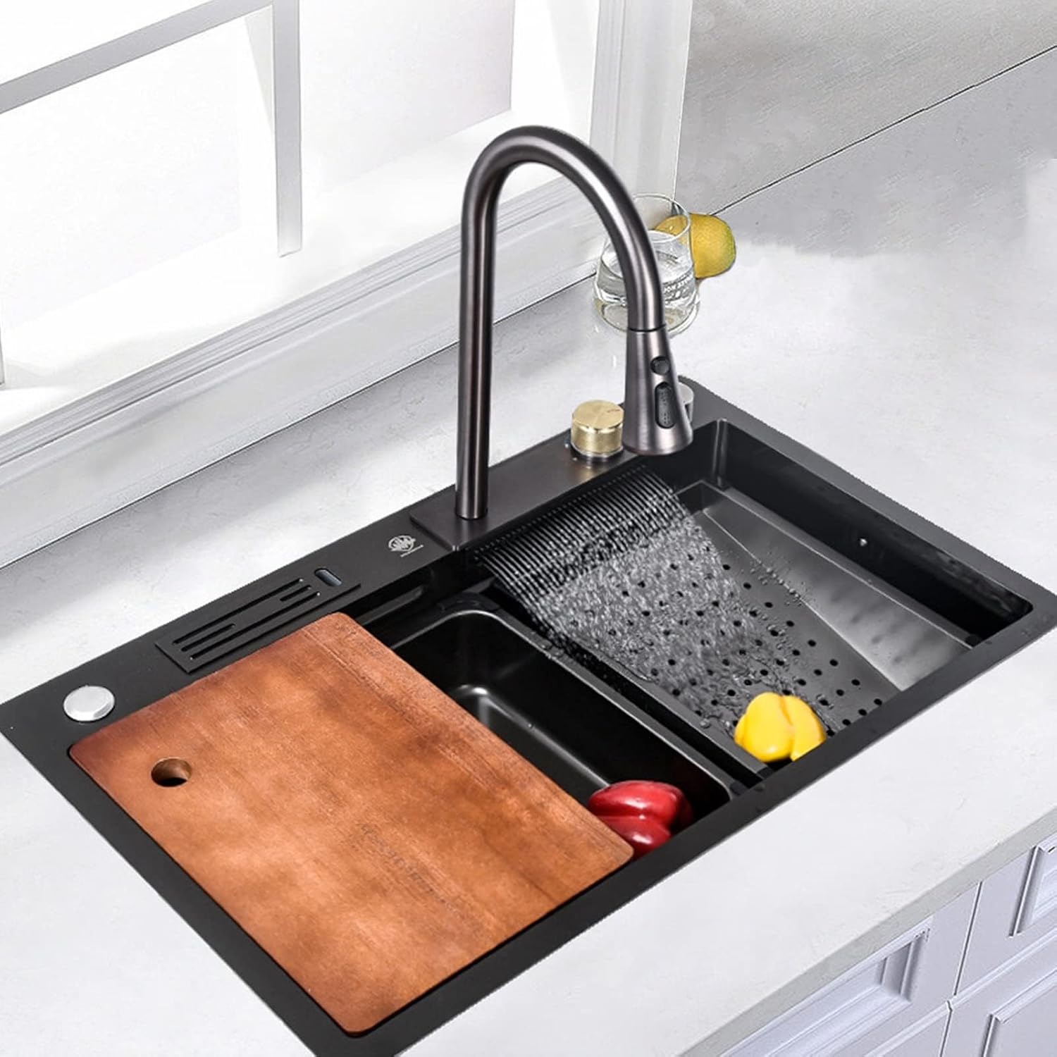 304 Stainless Steel Waterfall Kitchen Sink with Pull-Out Faucet & Accessories - Modern Workstation Sink for Home & Bar