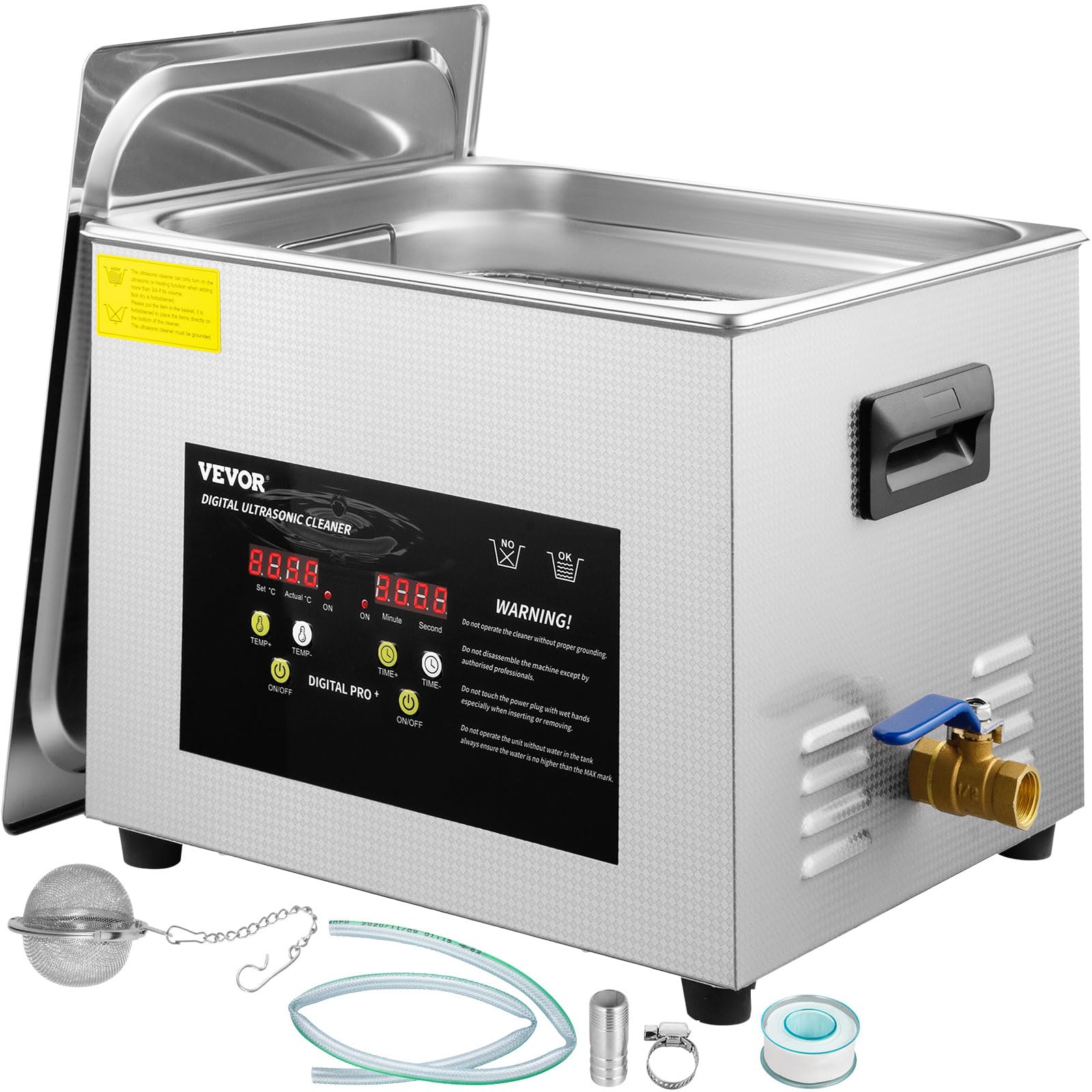 VEVOR Nettoyeur à Ultrasons Numérique 15 L, Chauffage 600 W, Ultrasons 360 W, Bac Ultrasons avec Chauffage et Minuterie, Appareil de Nettoyage Ultrasonique en Inox, pour Bijoux Lunettes Montres