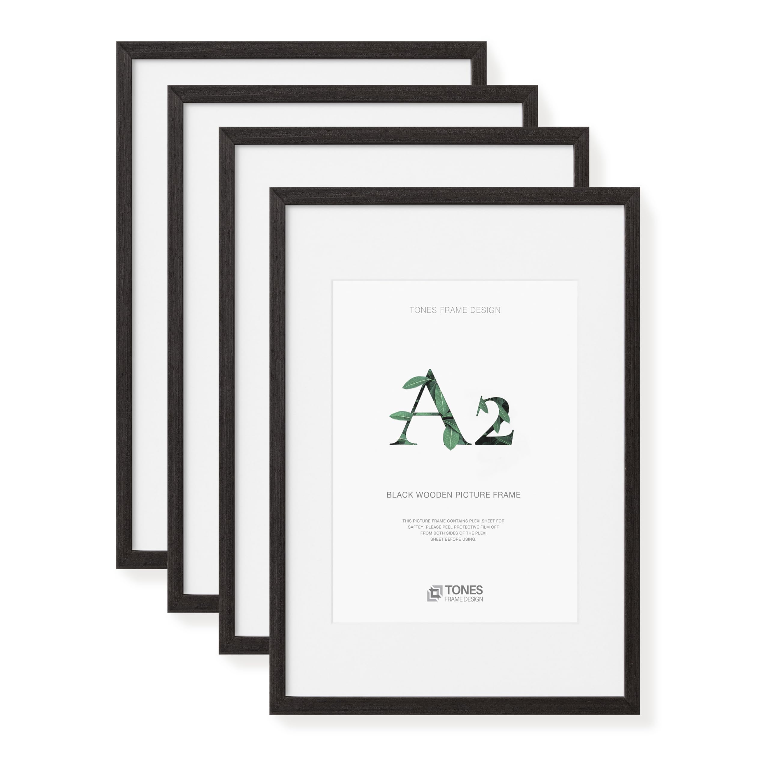 TONES FRAME DESIGN A2 Frame Greyish Black Wood Picture Frame 41.9 x 59.4 cm, 4-Pack Solid Wood Venner Finish A2 Photo Frames for Poster Display Landscape or Portrait Orientation