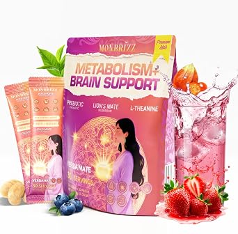 Monbrizz Instant Yerba Mate Stick Packs, Strawberry Clean Energy & Focus Drink Mix with Lions Mane, L-Theanine, Probiotics | Low Sugar, On-the-Go, 30 Packets,Strawberry Flavor
