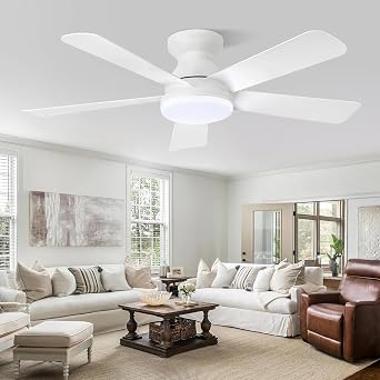 42 Inch Ceiling Fans with Lights and Remote,Outdoor Indoor Modern Flush Mount Ceiling Fan with 3CCT 6-Speed Quiet DC Motor,White Small Low Profile Ceiling Fan for Bedroom Living Room 42inch [Energy Class A]
