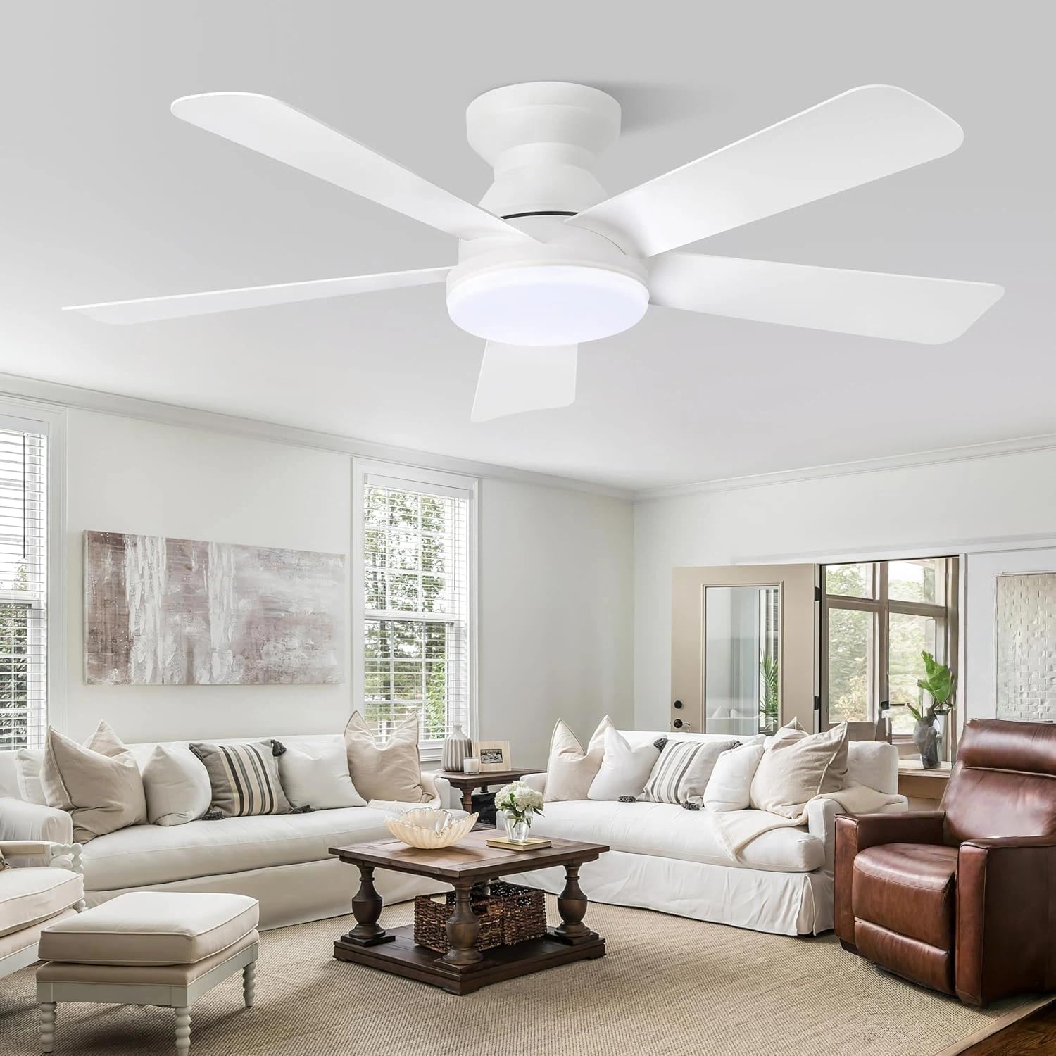 RLMIEL 42 Inch Ceiling Fans with Lights and Remote,Outdoor Indoor Modern Flush Mount Ceiling Fan with 3CCT 6-Speed Quiet DC Motor,White Small Low Profile Ceiling Fan for Bedroom Living Room (42inch)